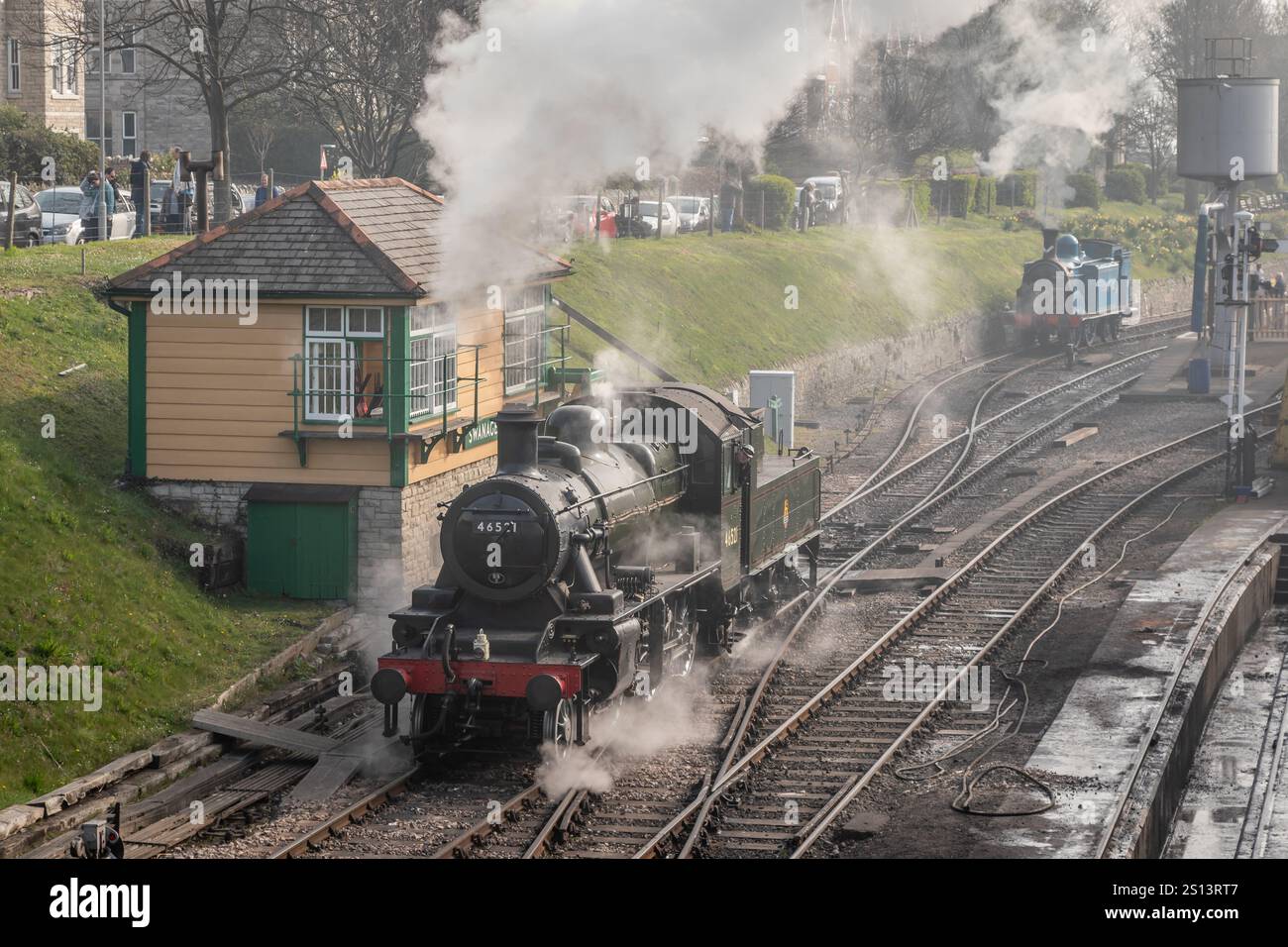 BR Classe 2 2-6-0 No. 46521, Swanage, Dorset, Inghilterra, Regno Unito Foto Stock