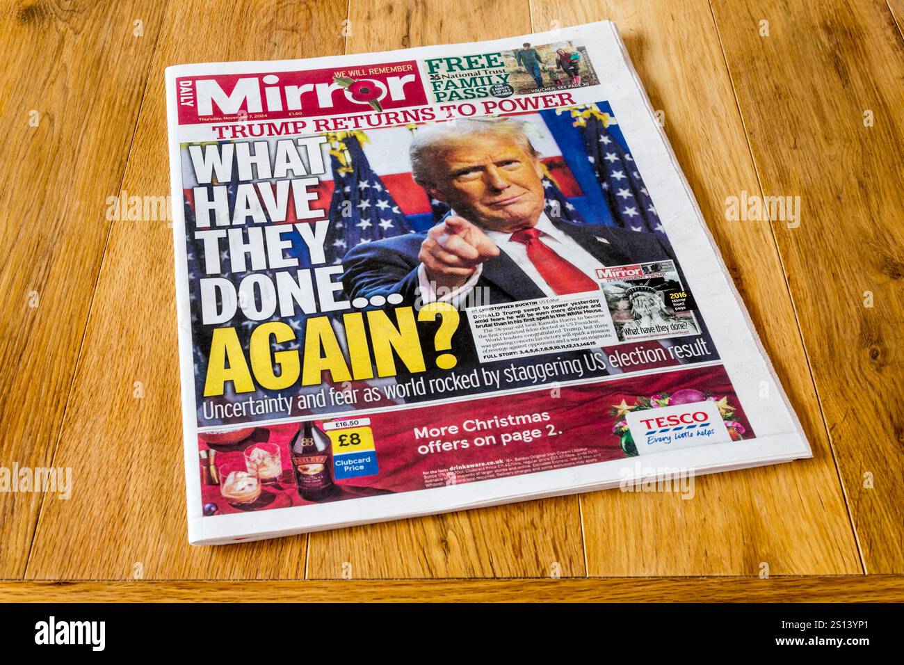 7 novembre 2024. Il titolo della prima pagina di Daily Mirror è cosa hanno fatto di nuovo ...? Dopo l'elezione di Donald Trump una seconda volta. Foto Stock
