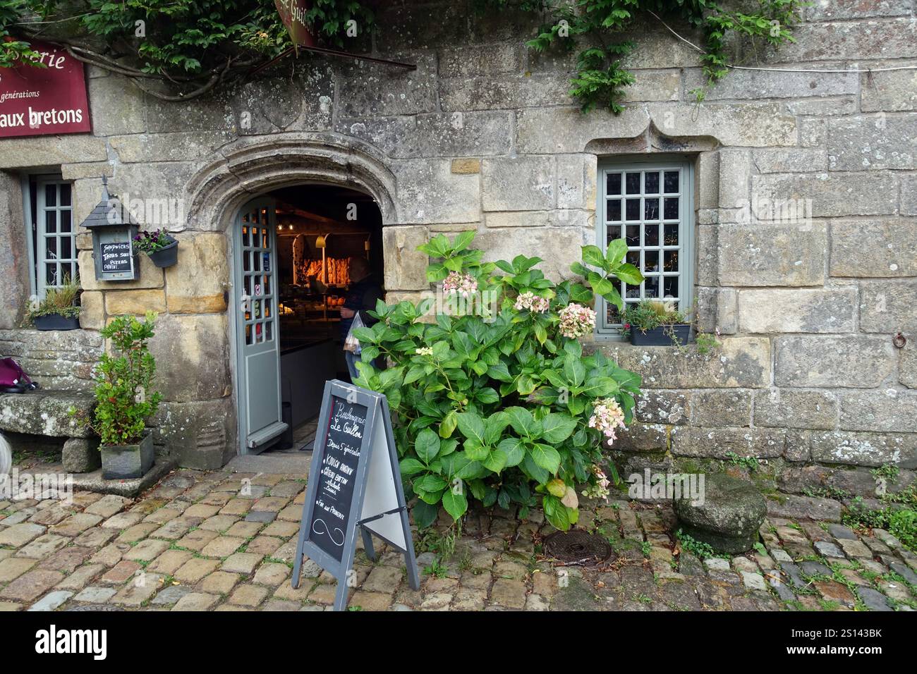 Ortensie da giardino, ortensie da pizzo (Hydrangea macrophylla), ingresso a un vecchio panificio, Francia, Bretagna, Finistere, Locronan Foto Stock