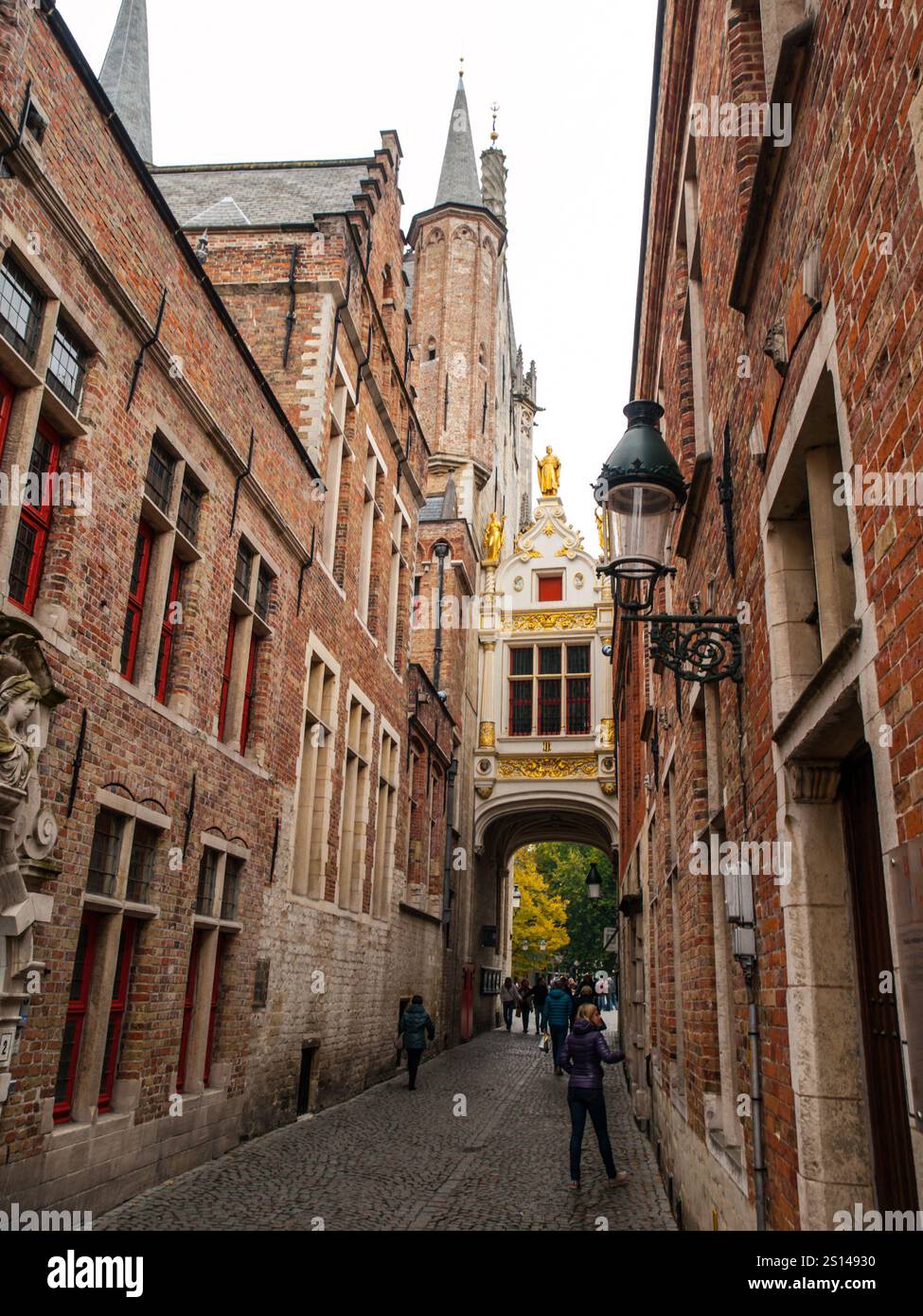 Ponte che attraversa gli edifici lungo la stretta Blinde-Ezelstraat che conduce a piazza Burg, Bruges, Belgio Foto Stock