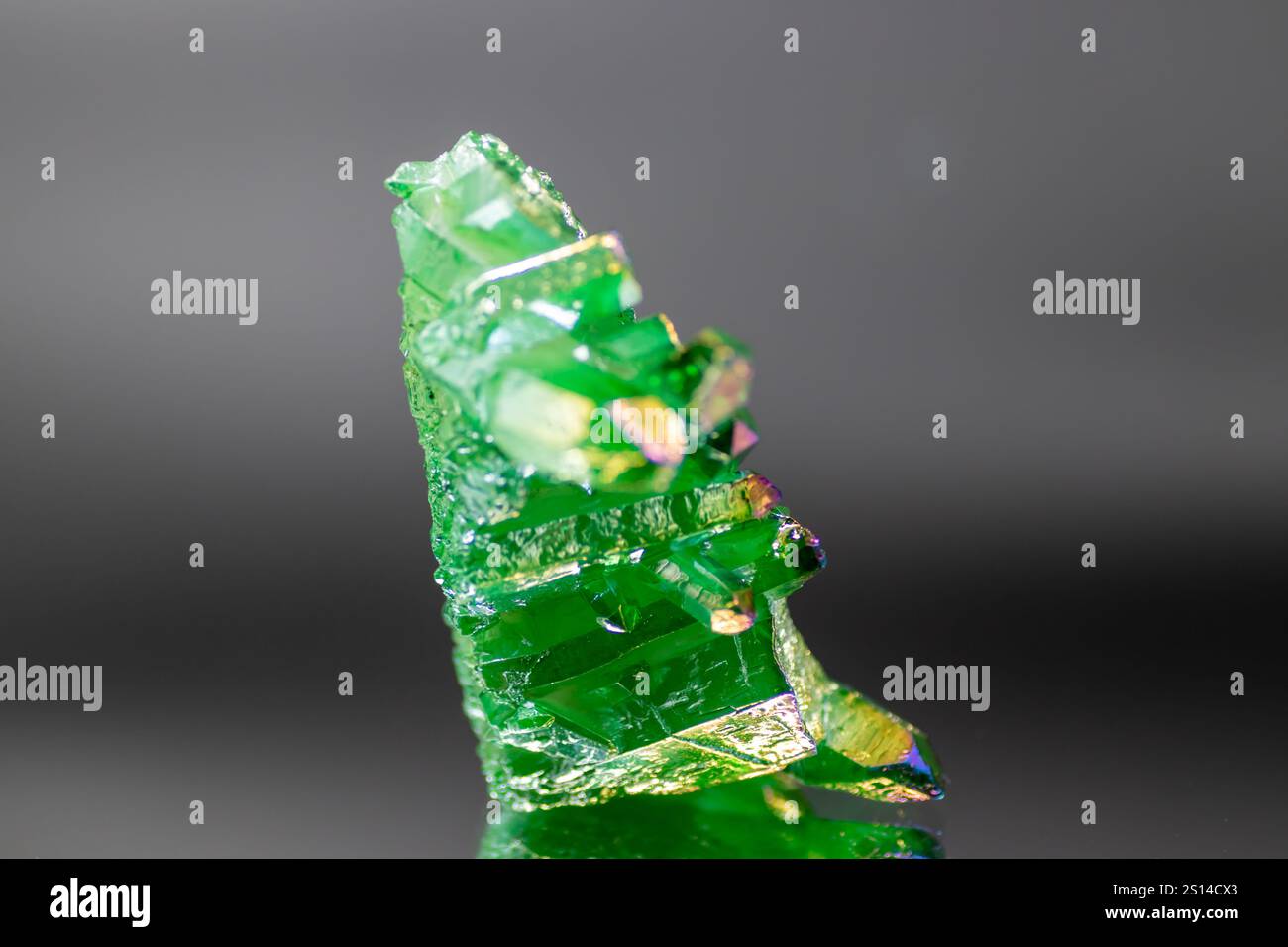 Un cluster di quarzo in cristallo di titanio dall'aura verde vibrante mostra le sue sfumature iridescenti e la sua bellezza scintillante, trasudando energia mistica e decorativa Foto Stock