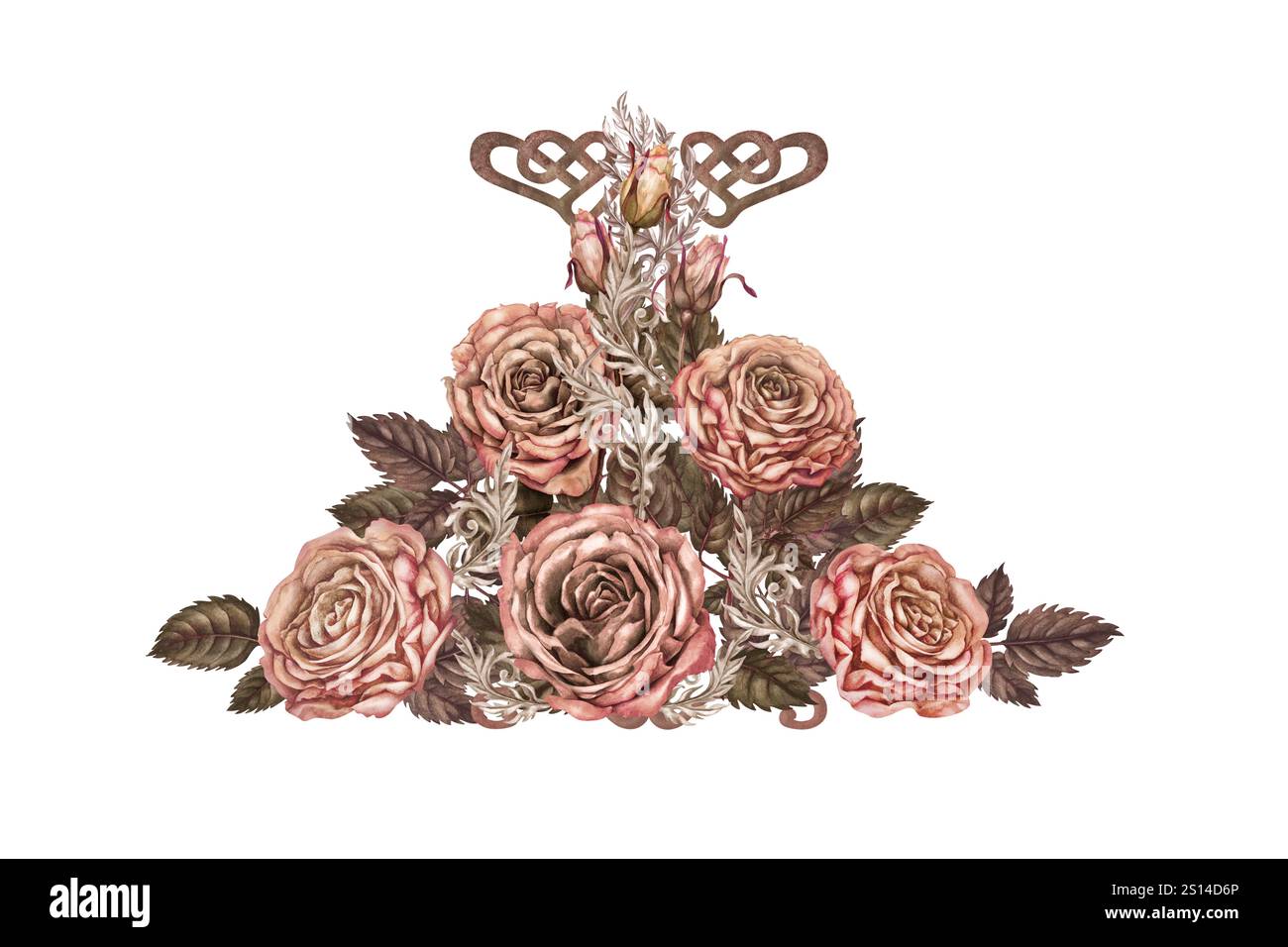 Grande bouquet di rose dai colori rosa-marrone, in una elegante tavolozza di mocha-mousse. Modello botanico per matrimonio, San Valentino, poster, cartolina, W. Foto Stock