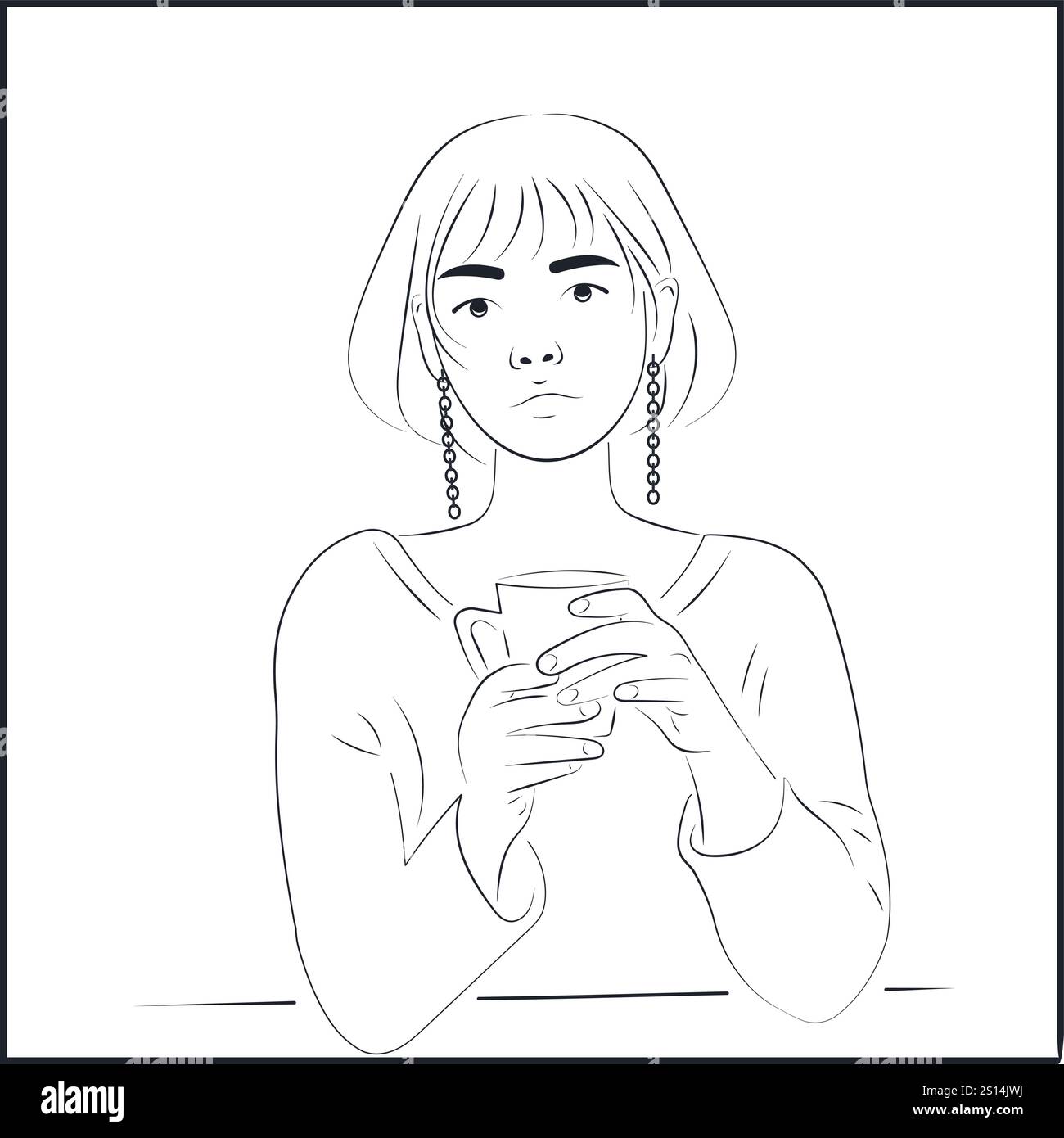 Line Art donna asiatica che beve caffè su bianco Illustrazione Vettoriale