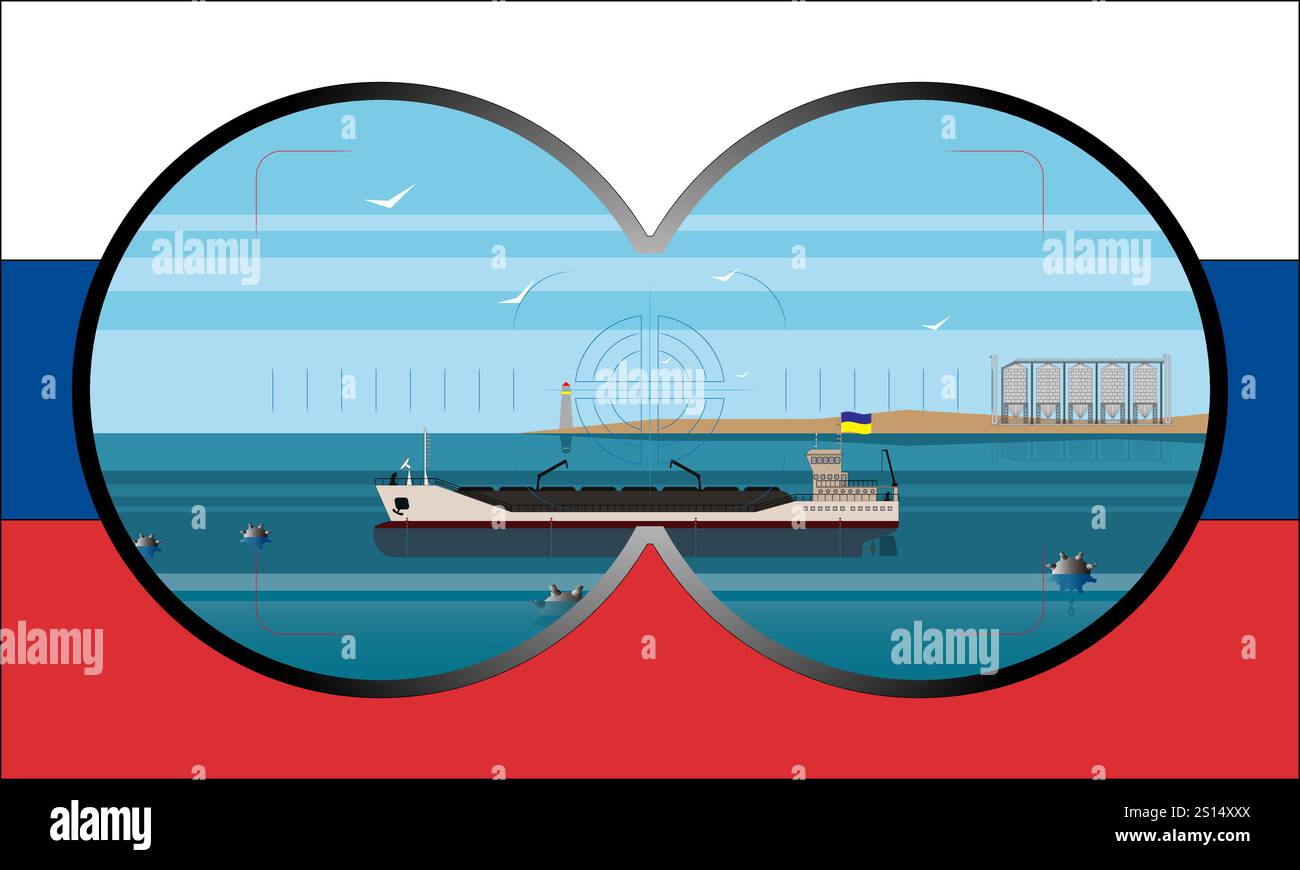 Illustrazione di un portarinfuse ucraino con grano bloccato dalle miniere nel Mar Nero. Ammira il binocolo sullo sfondo della bandiera russa. Illustrazione Vettoriale
