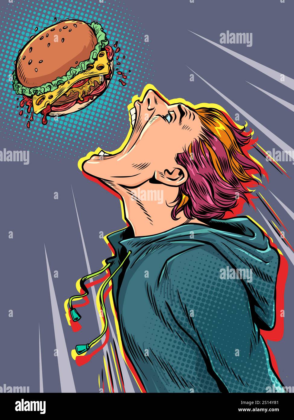 Attività di consegna di fast food. Ragazzo che salta per un hamburger con la bocca aperta. Ristorante con gustosi hamburger. Pop Art retro Vector Illustration Kitsch Vintage 5 Illustrazione Vettoriale