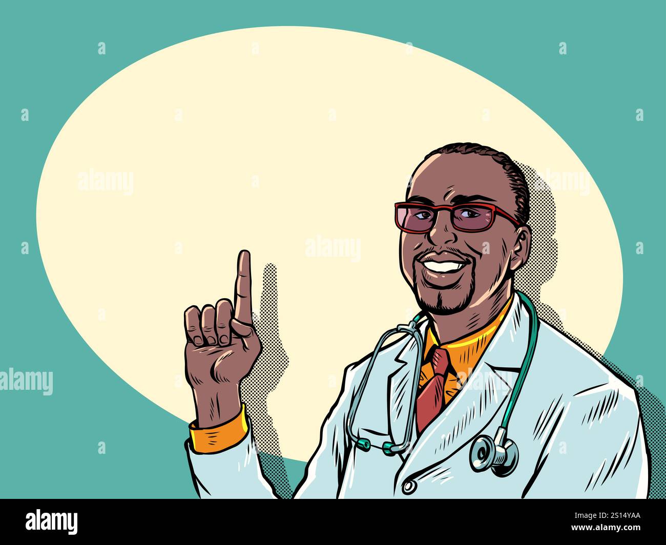 Il medico nero maschile mostra il dito indice in alto. Pubblicità di servizi medici business. Raccomandazione da parte di un medico professionista. Pop Art retro Vector Ill Illustrazione Vettoriale