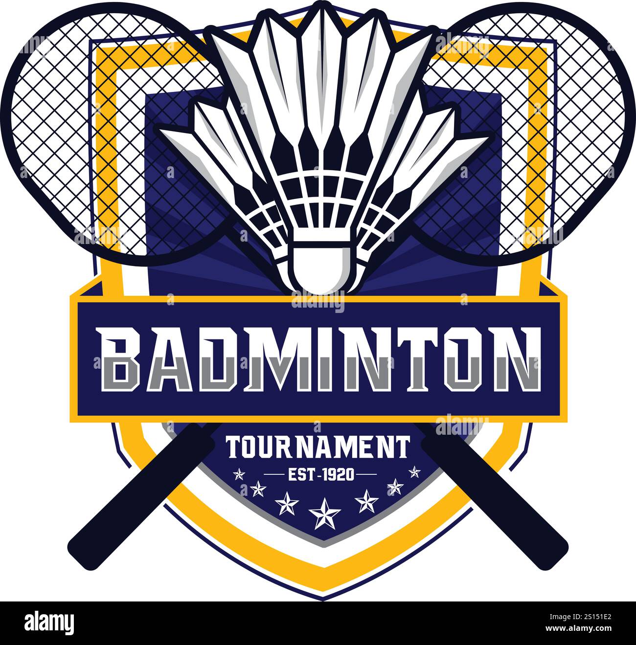 Design del logo del torneo di badminton. Logo di badminton. Modello logo club badminton, disegno astratto sportivo illustrazione vettoriale EPS 10. Illustrazione Vettoriale