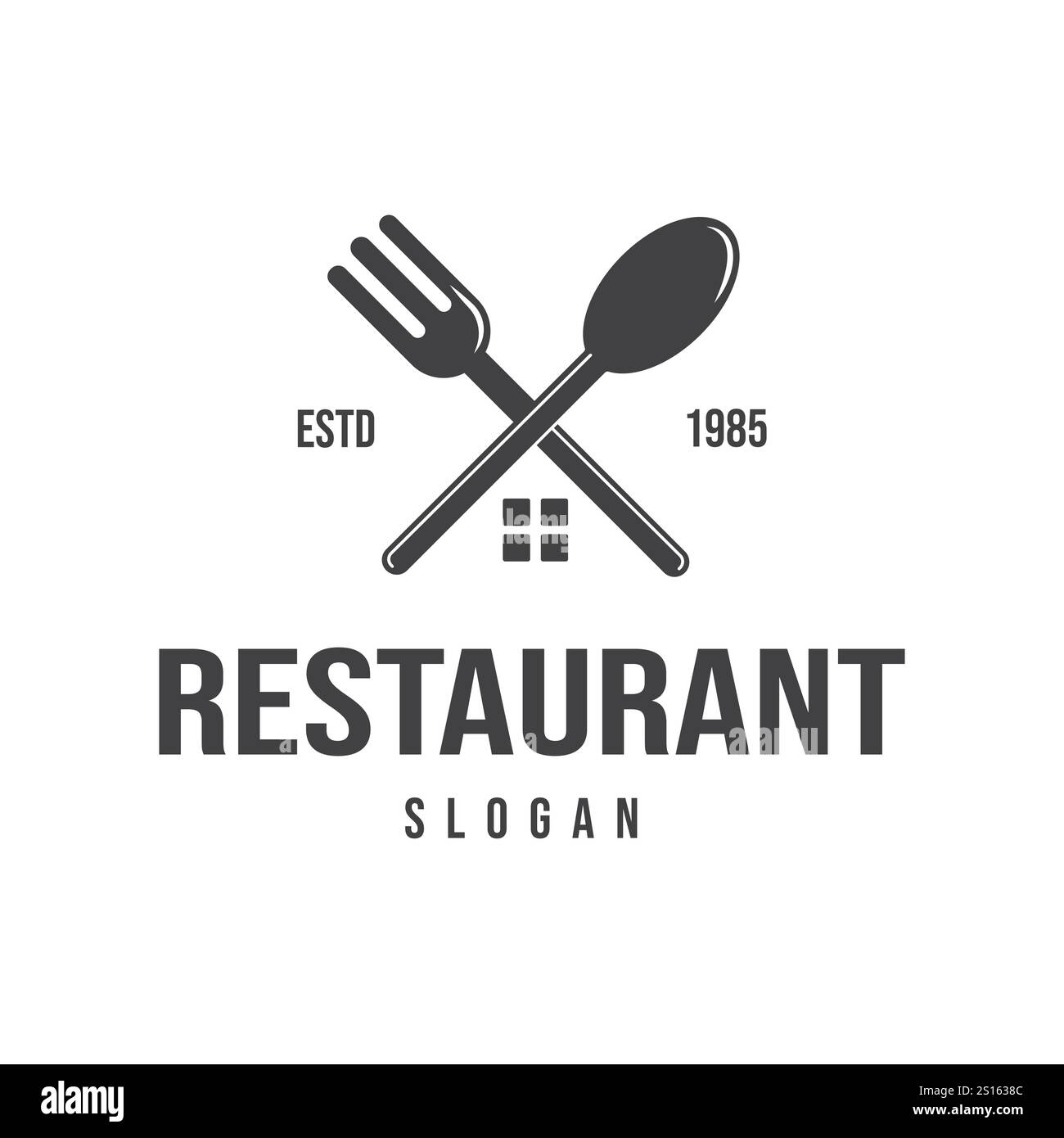 Design con logo vintage retrò con cucchiaio e elementi vettoriali a forcella e illustrazione del simbolo della finestra della casa Illustrazione Vettoriale