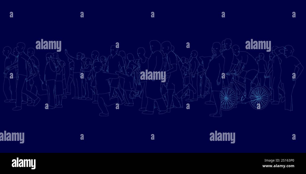 Un gruppo di persone è in fila, con una bicicletta al centro. L'immagine ha un'atmosfera futuristica, con le persone e la bicicletta che appaiono Illustrazione Vettoriale