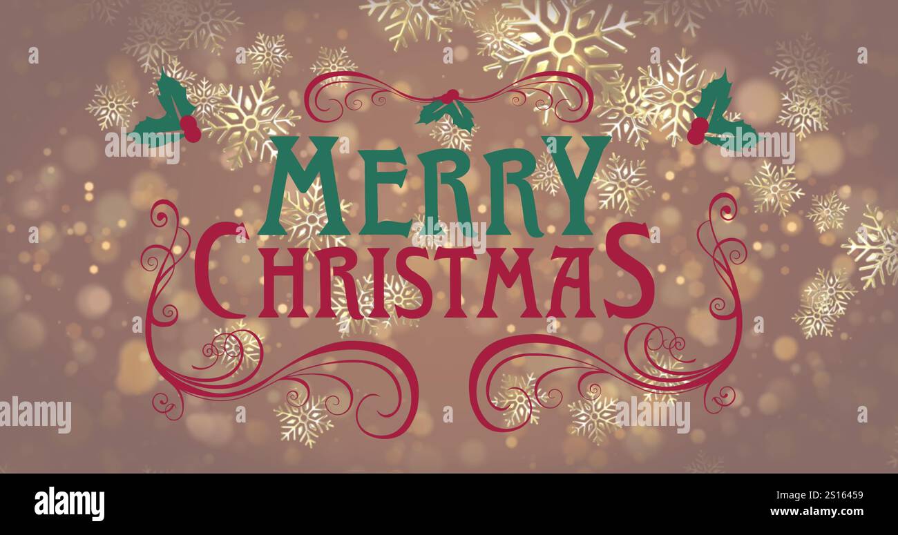 Immagine del testo dei saluti natalizi sulla neve che cade su sfondo marrone. Tradizione natalizia, celebrazione e concetto di festività generati digitalmente Foto Stock