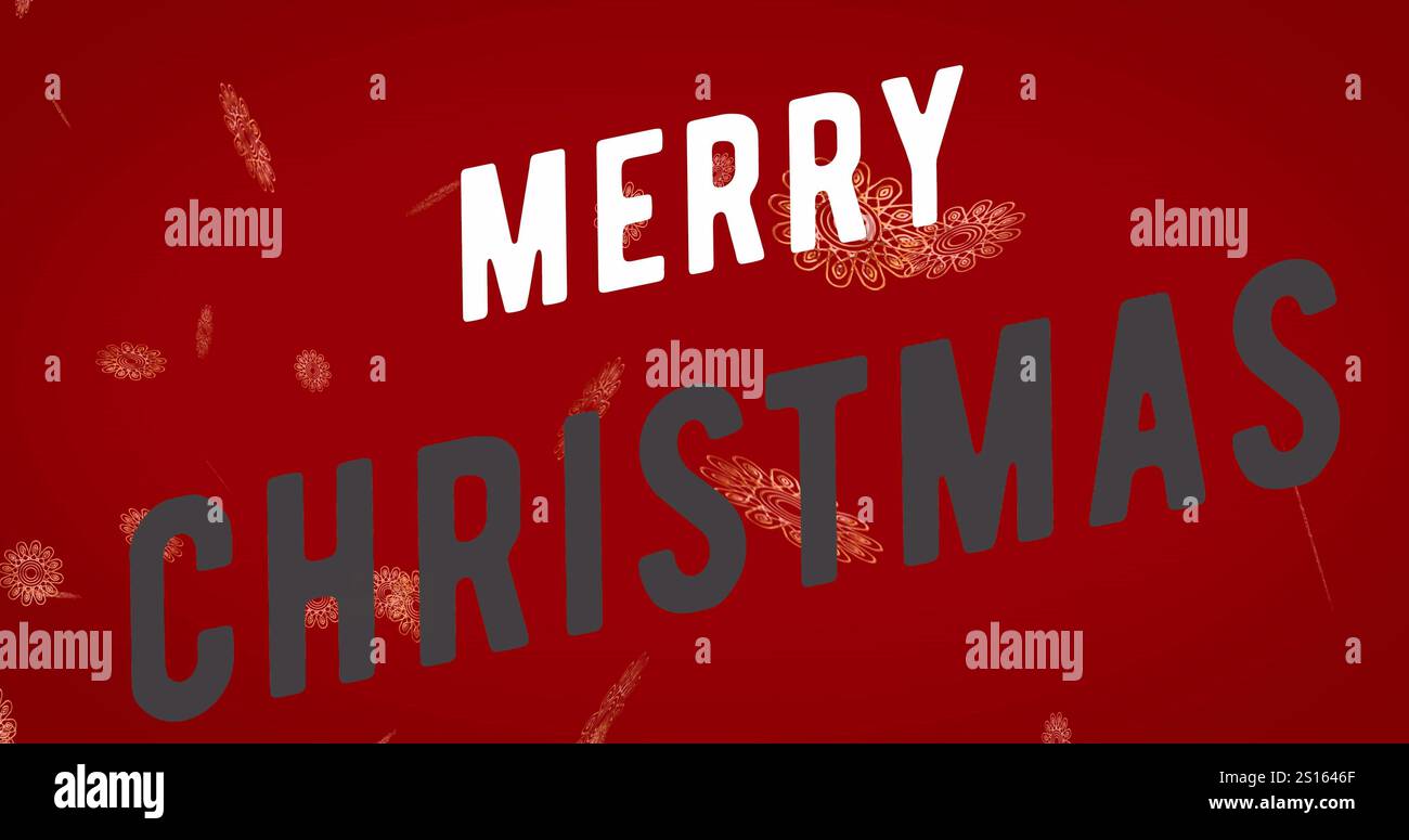 Immagine del testo dei saluti natalizi sulla neve che cade su sfondo rosso Foto Stock