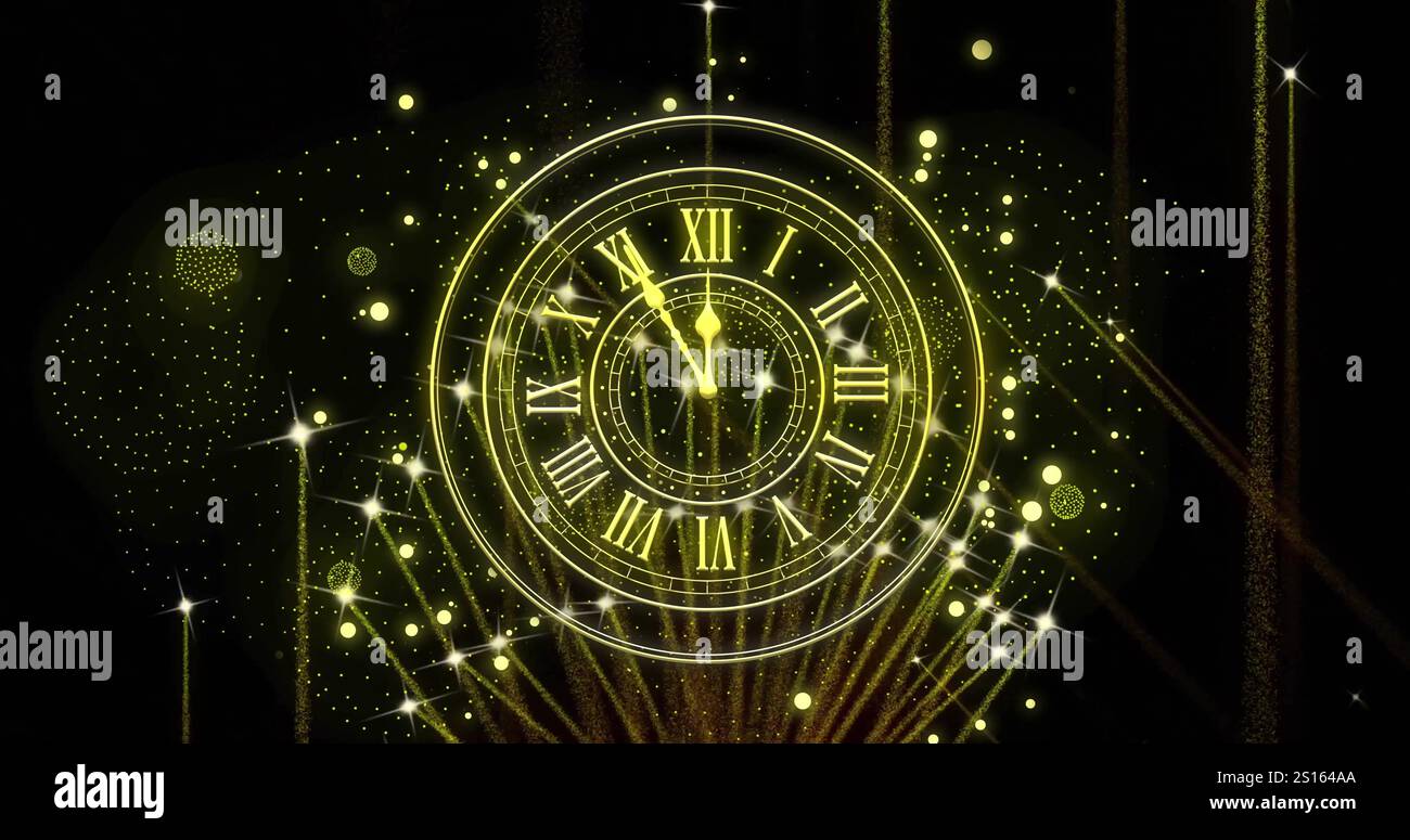 Immagine dell'orologio che mostra la mezzanotte e i fuochi d'artificio che esplodono su sfondo nero Foto Stock