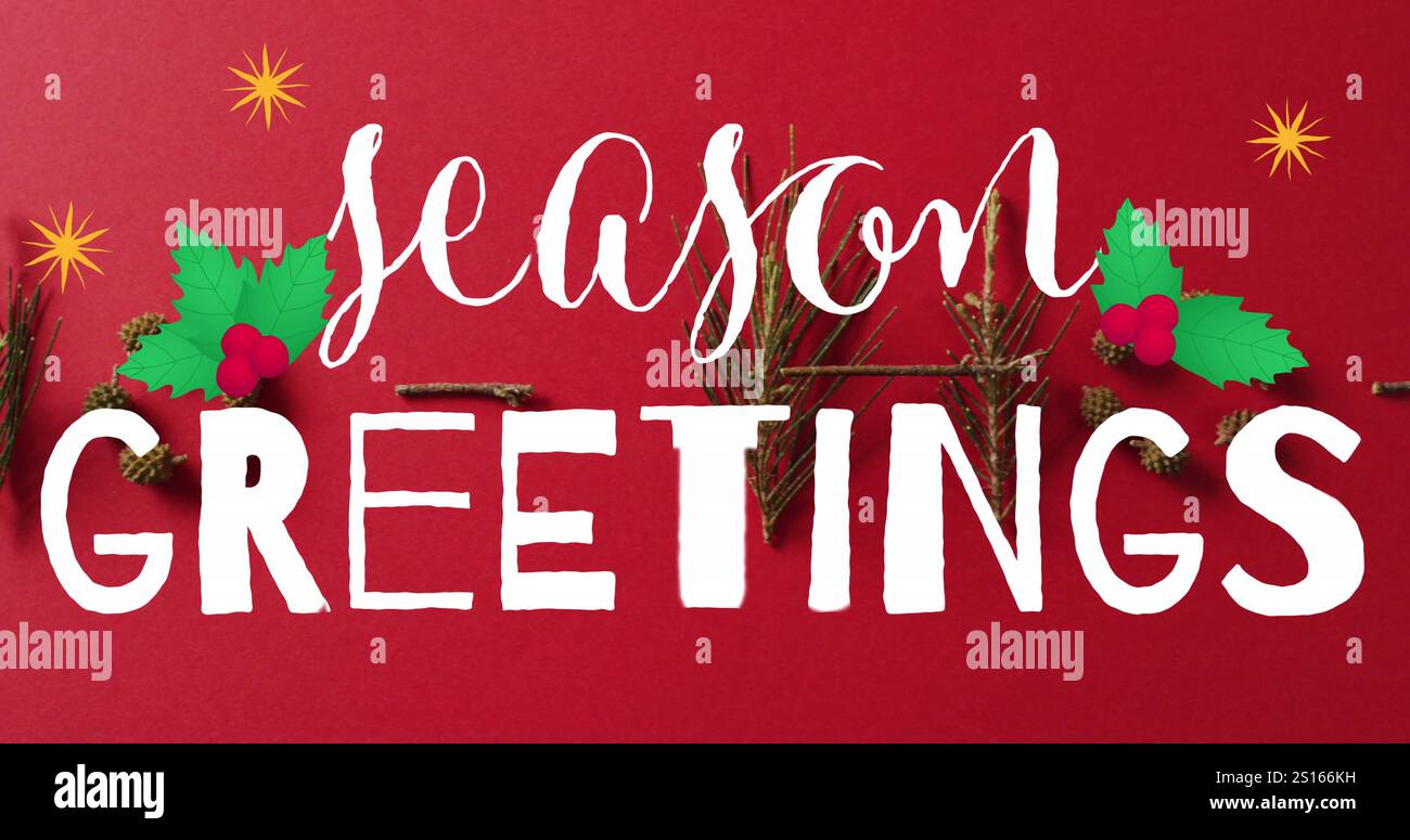 Immagine del testo dei saluti di natale sulle decorazioni di natale Foto Stock