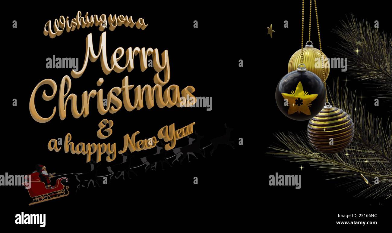 buon natale e felice anno nuovo testo con balck e oro e stelle in nero Foto Stock