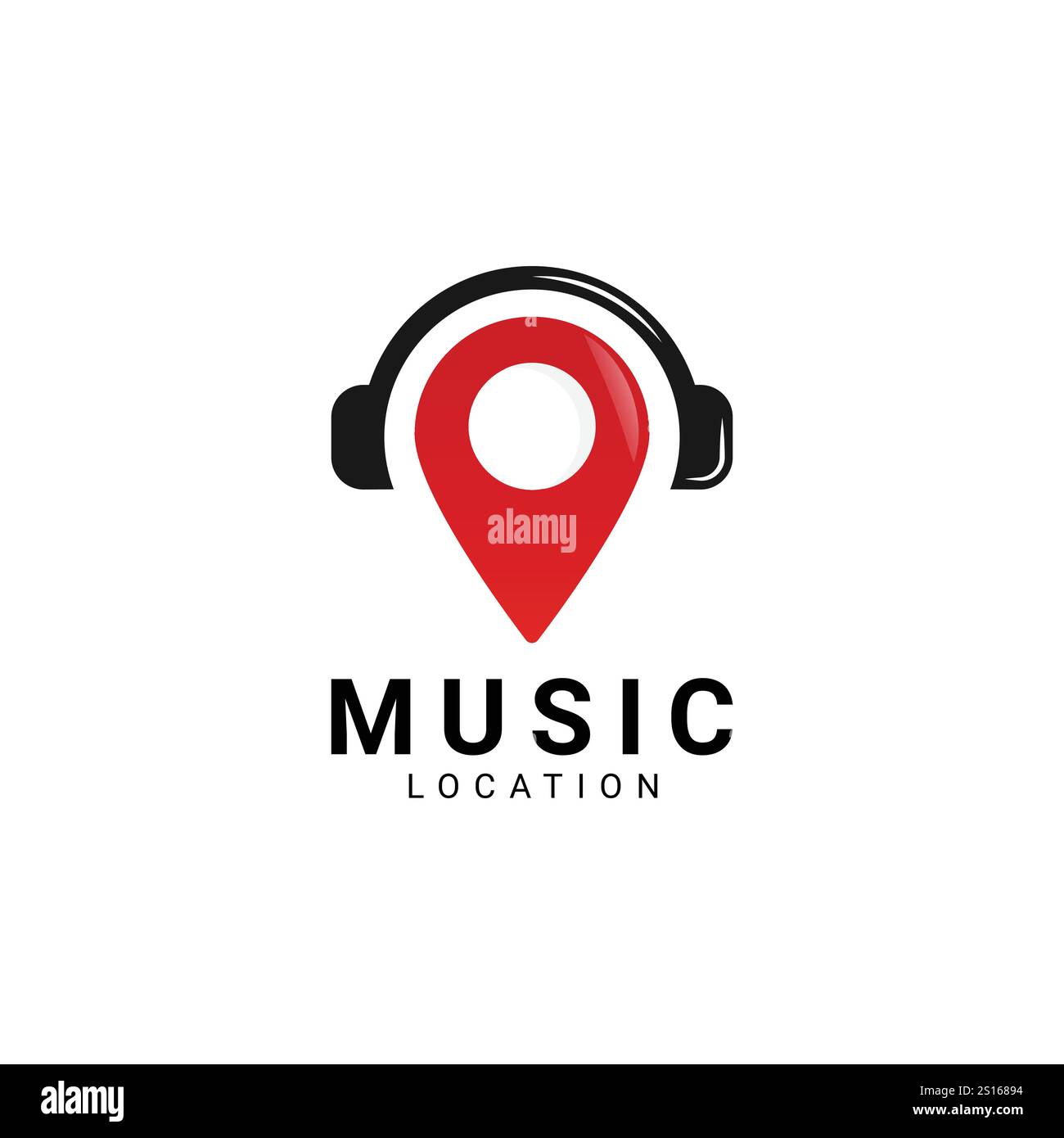 Design del logo della posizione musicale dell'auricolare, design del logo della musica con pin Illustrazione Vettoriale