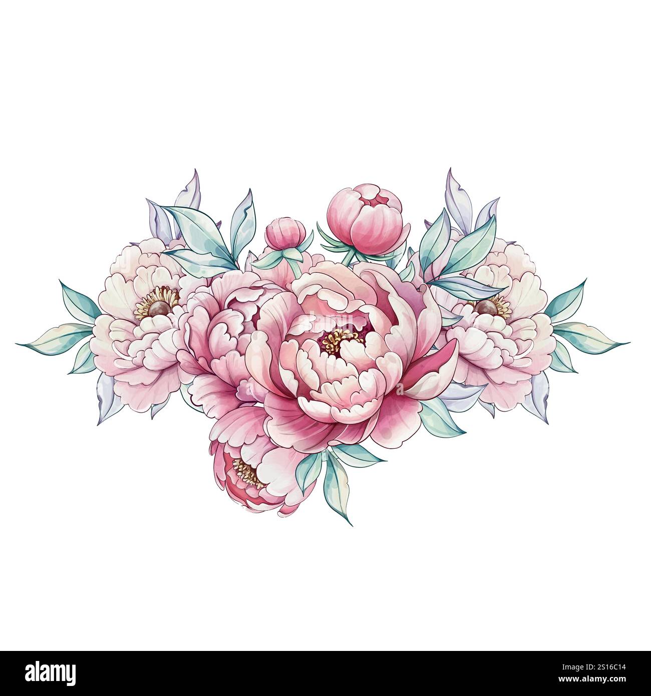 Le peonie delicate fioriscono nei toni delicati del rosa e del bianco, catturate attraverso una tecnica ad acquerello che mette in risalto la loro naturale eleganza Illustrazione Vettoriale
