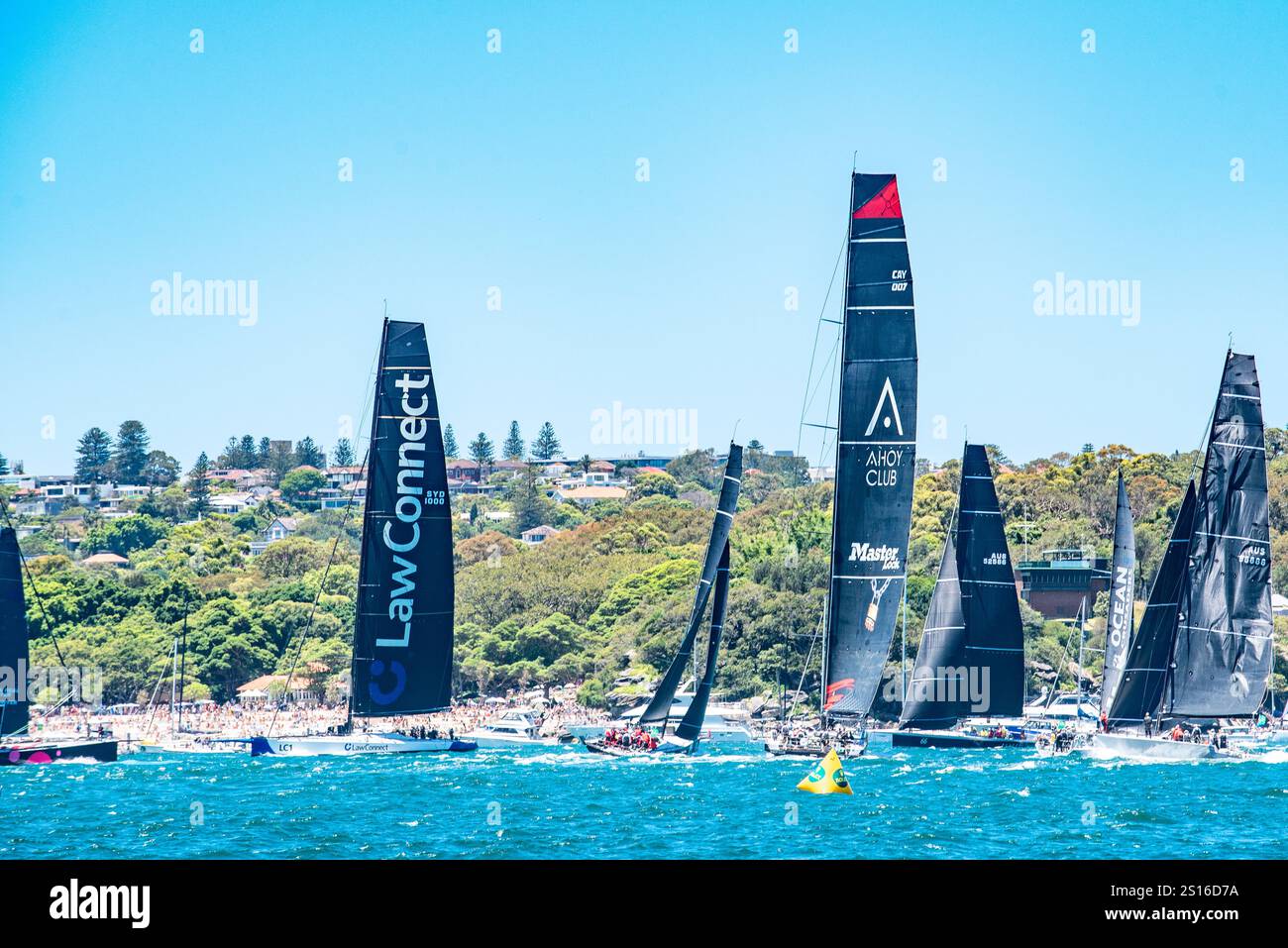 Maxi Yachts Master Lock Comanche e Law Connect si scontrano con altre imbarcazioni per le posizioni prima dell'inizio della gara di yacht 2024 da Sydney a Hobart Foto Stock