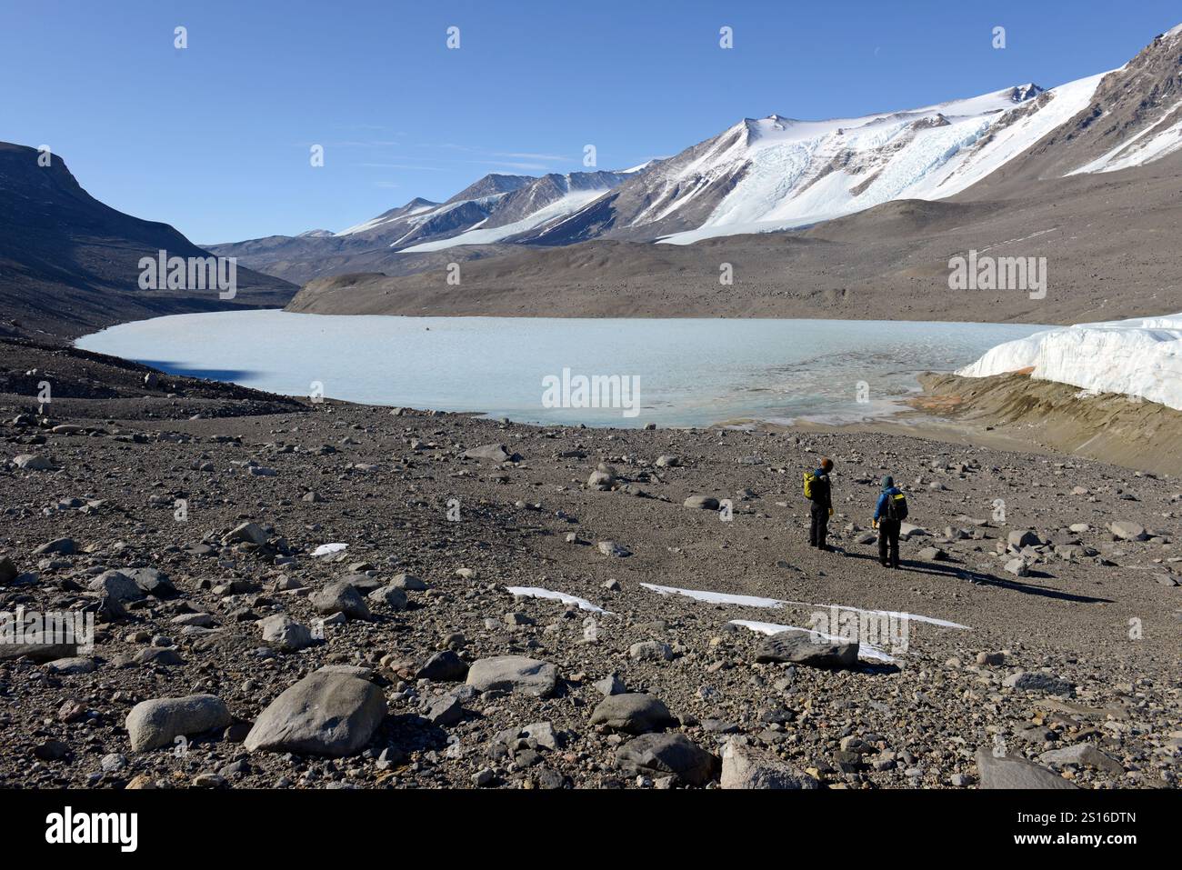 Il lago Bonney si trova sotto il ghiacciaio Taylor, la Taylor Valley, le McMurdo Dry Valleys, Antartide Foto Stock