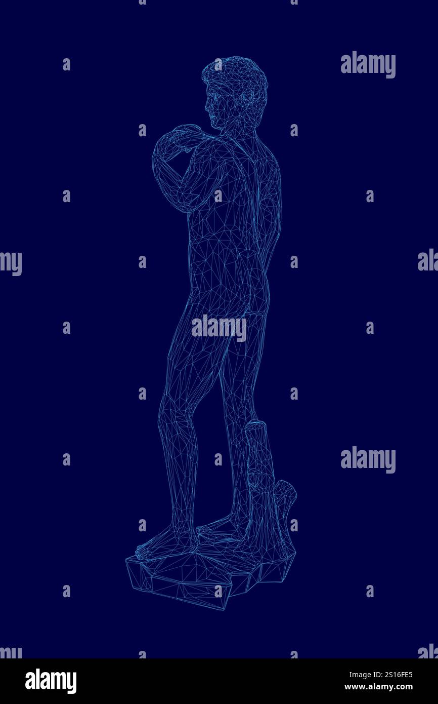 L'uomo è in piedi su una roccia con le braccia incrociate. L'immagine è in nero ed è una rappresentazione digitale di una statua. La scena è cupa e contemplativa Illustrazione Vettoriale