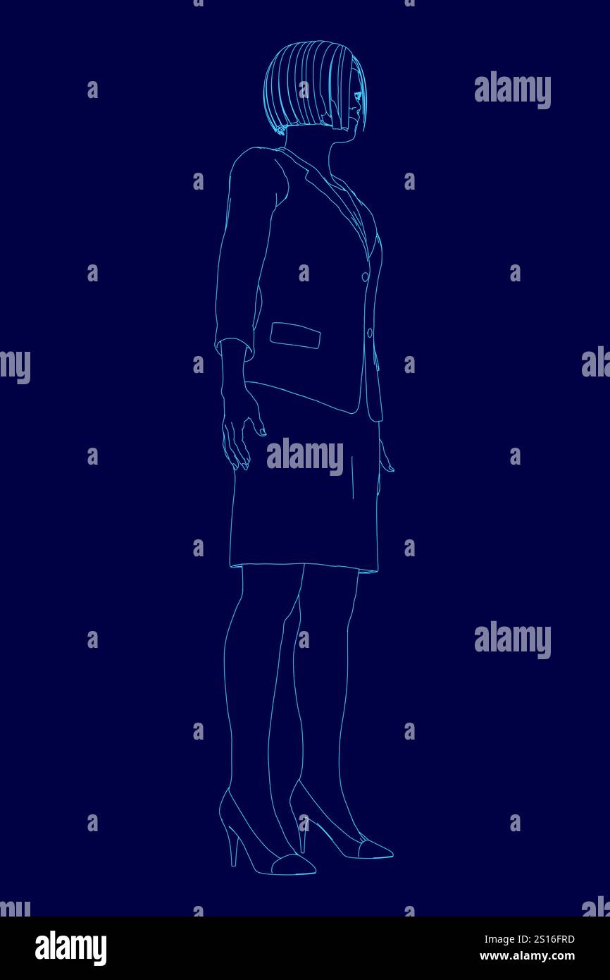 Una donna con una tuta da lavoro si trova di fronte a uno sfondo blu. La tuta è nera e la gonna è blu. La donna indossa i tacchi alti Illustrazione Vettoriale