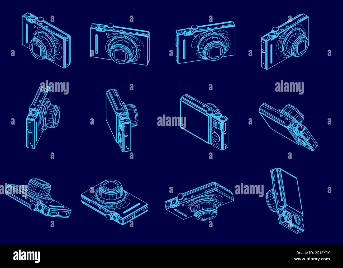 Serie di immagini blu di una fotocamera. La telecamera viene mostrata in varie posizioni e angolazioni, con la parte superiore della telecamera più visibile. L'immagine Illustrazione Vettoriale