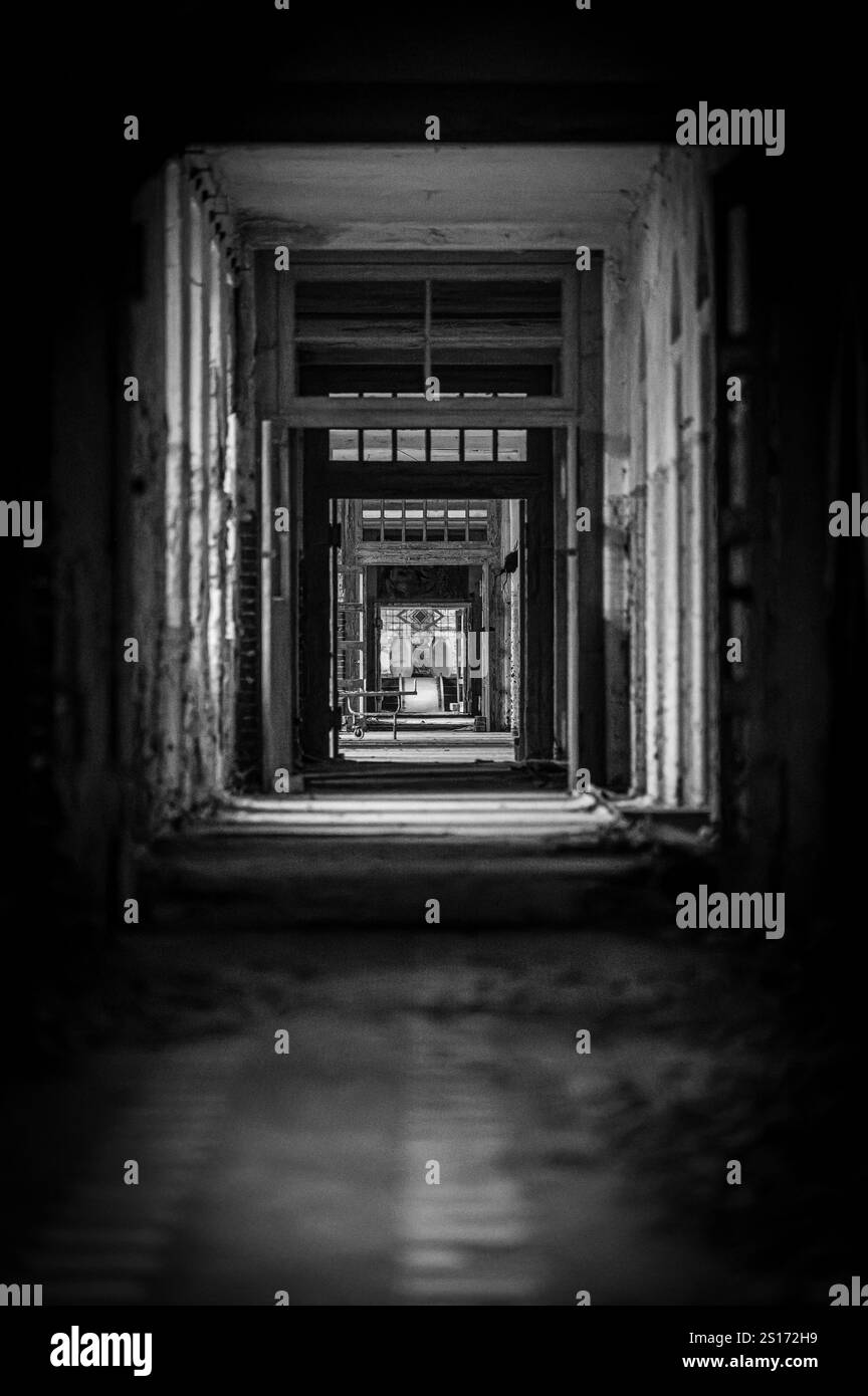 Una vista monocromatica di un corridoio abbandonato, incorniciato da porte multiple, che conduce ad una stanza lontana con un'atmosfera inquietante e misteriosa Foto Stock