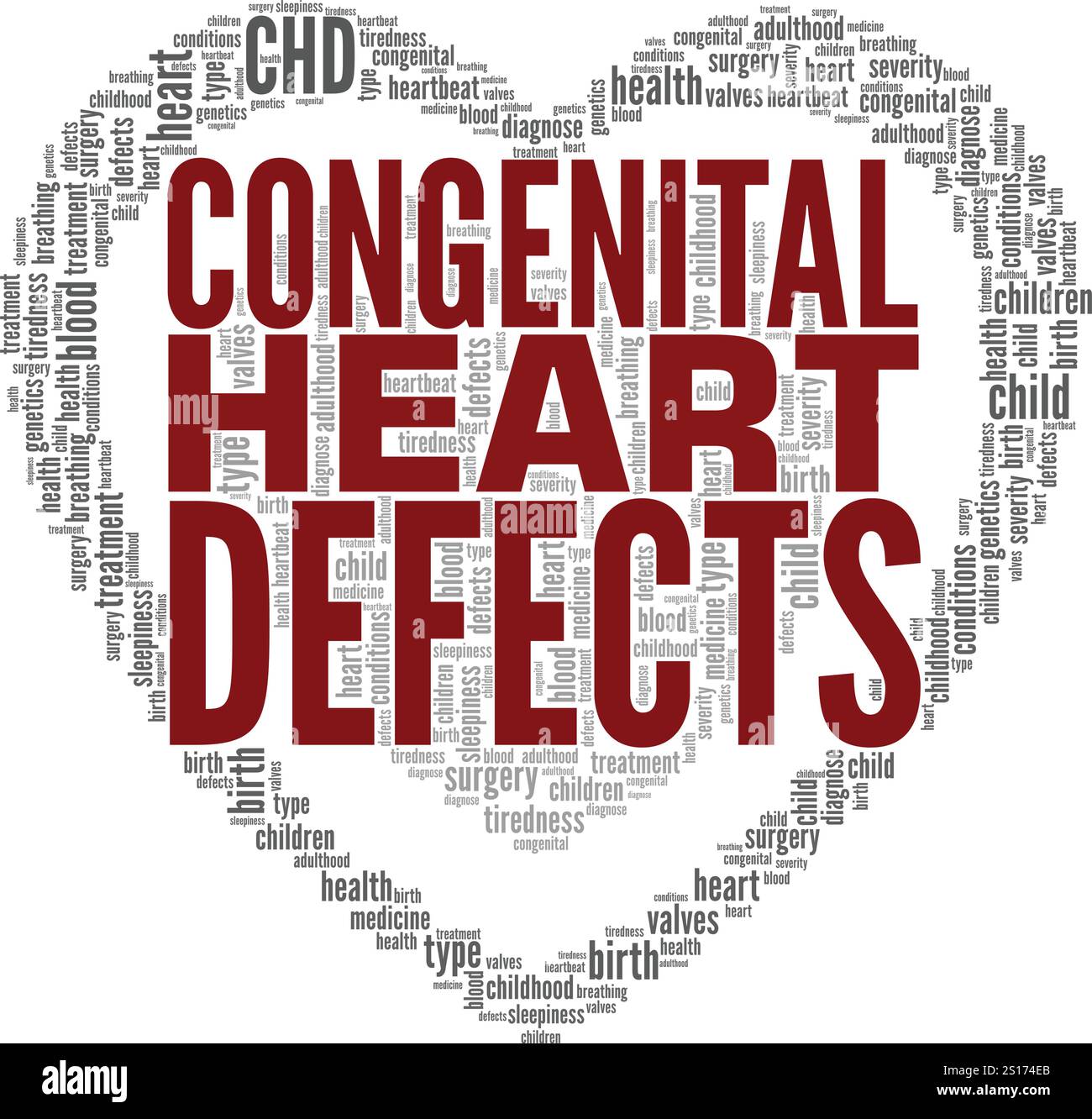 CHD - difetti cardiaci congeniti design concettuale nuvola di parole isolato su sfondo bianco. Illustrazione Vettoriale