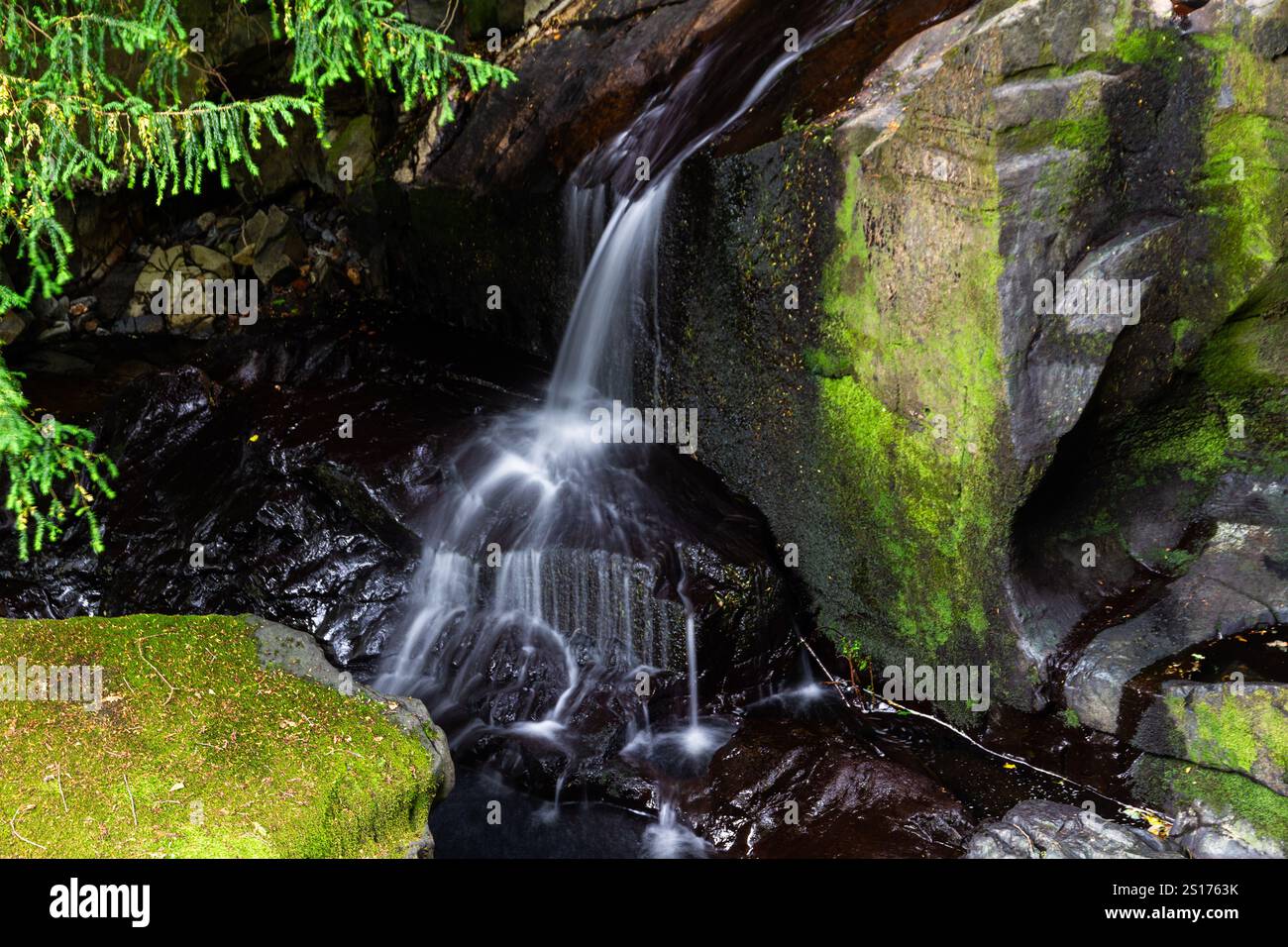 Parte inferiore delle Fairy Falls, chiamata Rhaeadr y Tylwyth TEG in gallese. Cascata nella contea di Trefriw Conwy, Galles del Nord, Regno Unito, acqua bassa perché se Sum Foto Stock