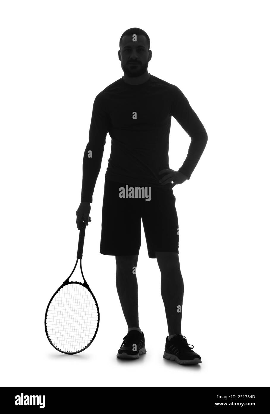 Silhouette del tennista su sfondo bianco Foto Stock