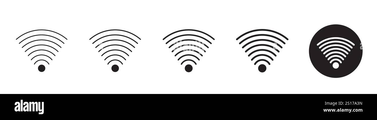 Set di 5 icone dei segnali Wi-Fi - 1 silhouette - 1 vettore non espanso - Set vettoriale di icone Wi-Fi, con una raccolta di simboli dei segnali wireless Illustrazione Vettoriale