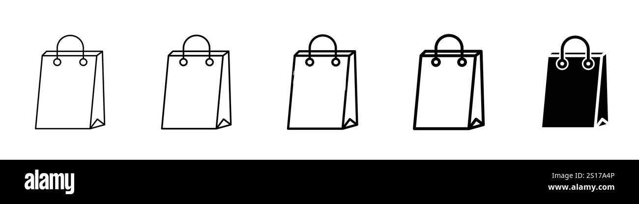 Set di 5 icone della shopping bag - 1 silhouette - 1 vettore non espanso - Shopping bag con illustrazioni della borsa di carta simbolo del negozio online e logo e-commerce Illustrazione Vettoriale