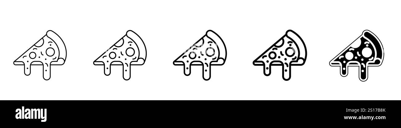 Set di 5 icone Pizza - 1 silhouette - 1 vettoriale non espanso - fetta di pizza con condimenti, simboleggia il fast food e la cucina italiana vettore traccia modificabile Illustrazione Vettoriale