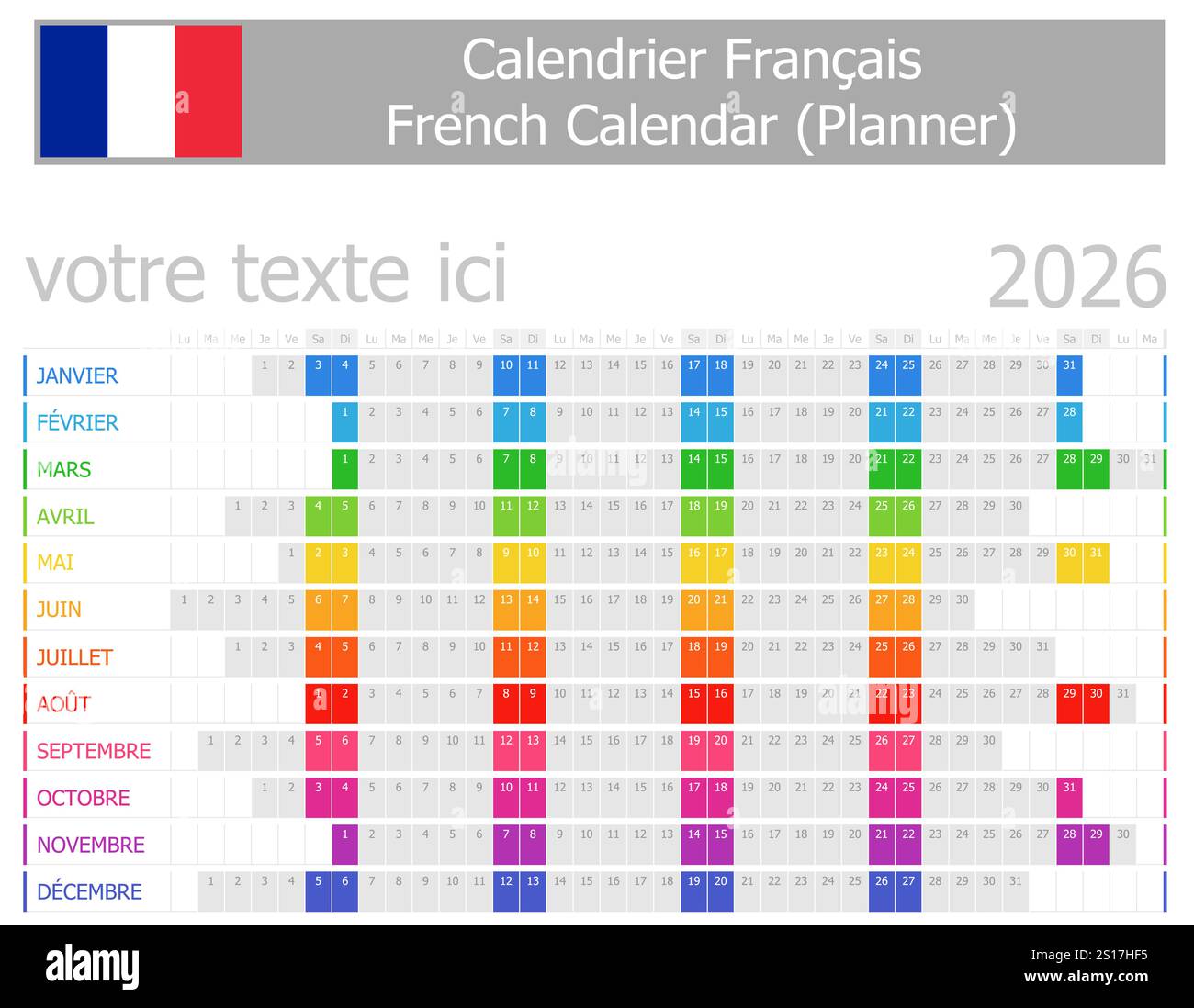 Calendario Planner francese 2026 con mesi orizzontali su sfondo bianco Illustrazione Vettoriale