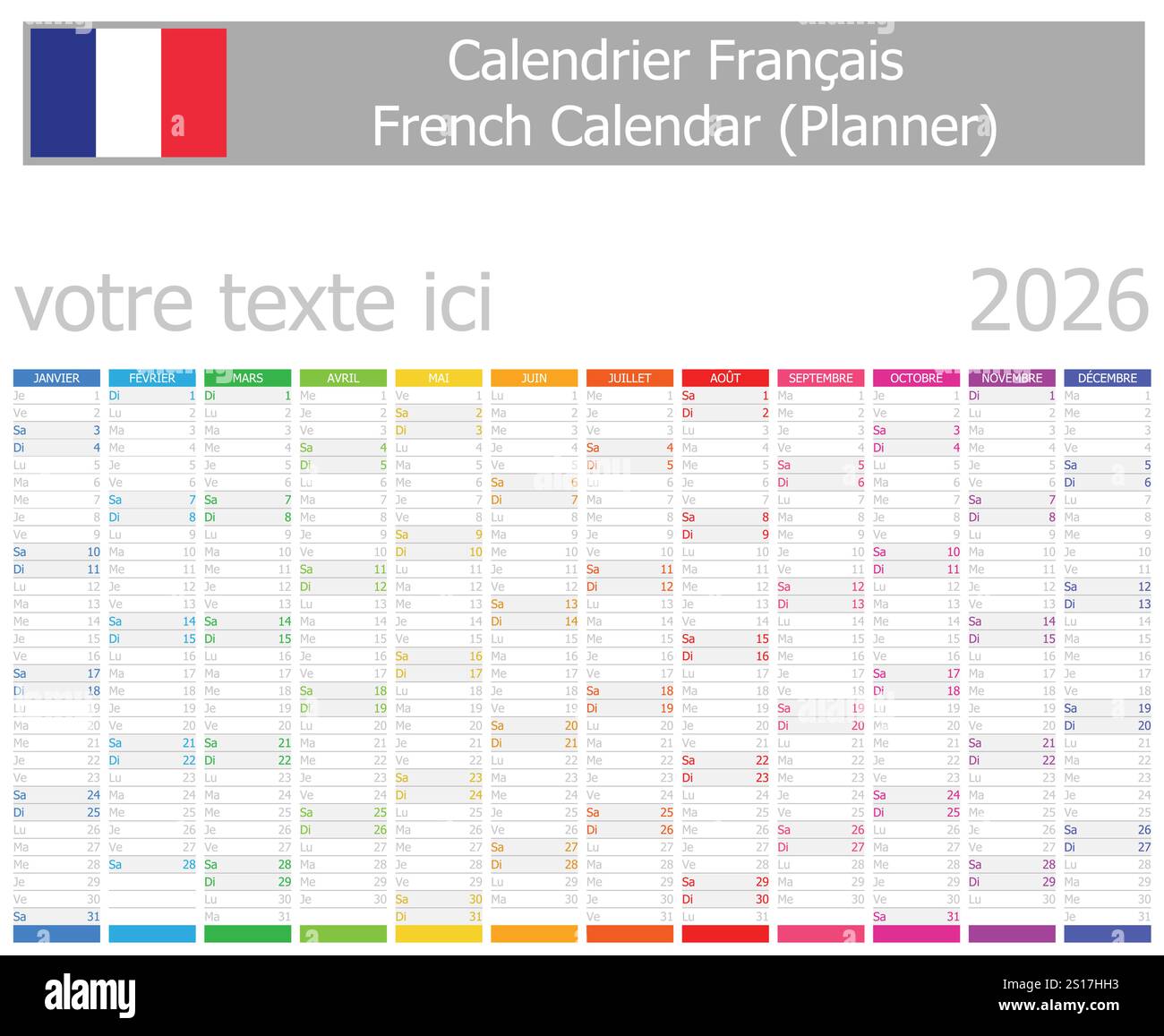 Calendario Planner francese 2026 con mesi verticali su sfondo bianco Illustrazione Vettoriale
