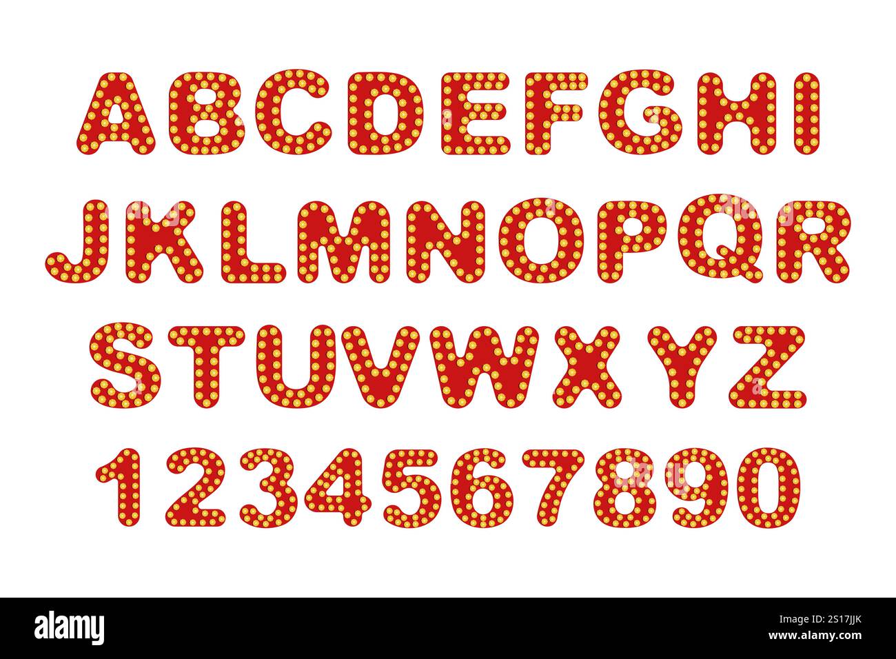Grafica di lettere e numeri vintage Marquee. Alfabeto e numeri con effetto lampadina luminosa in rosso e giallo su sfondo bianco. Decorativo Illustrazione Vettoriale