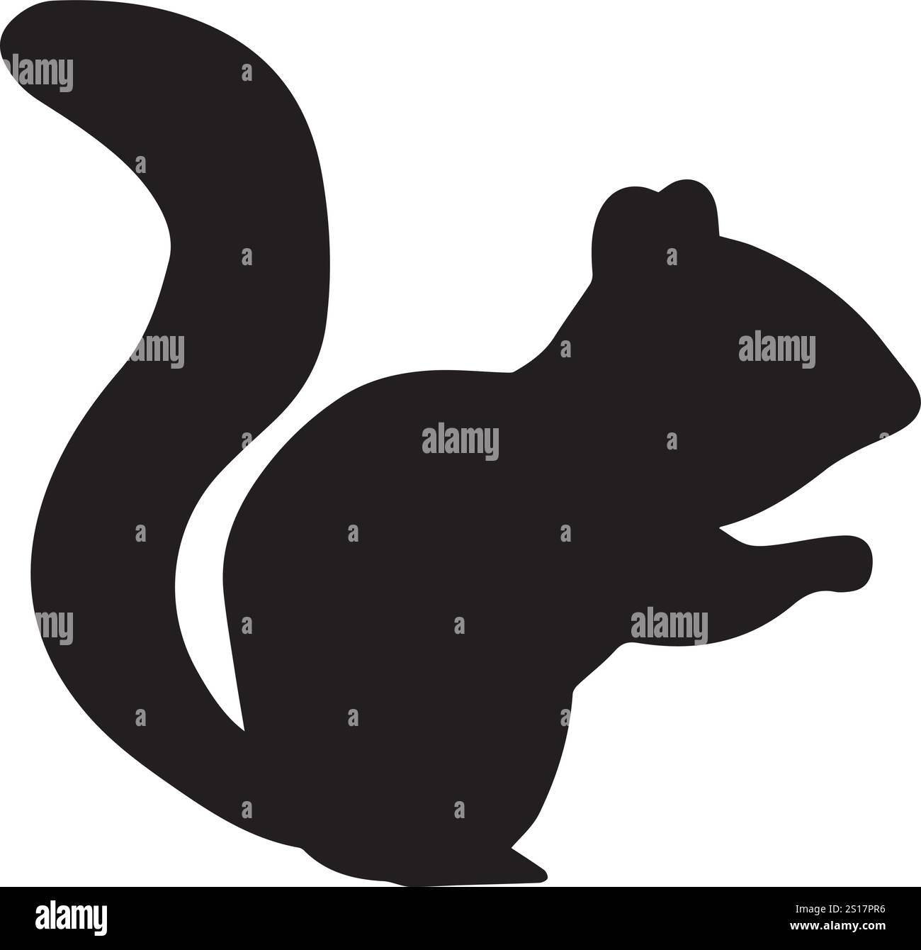Silhouette nera di uno scoiattolo con coda cespugliosa, rivolta a sinistra su sfondo bianco. design con silhouette a scoiattolo isolato su sfondo bianco. Illustrazione Vettoriale