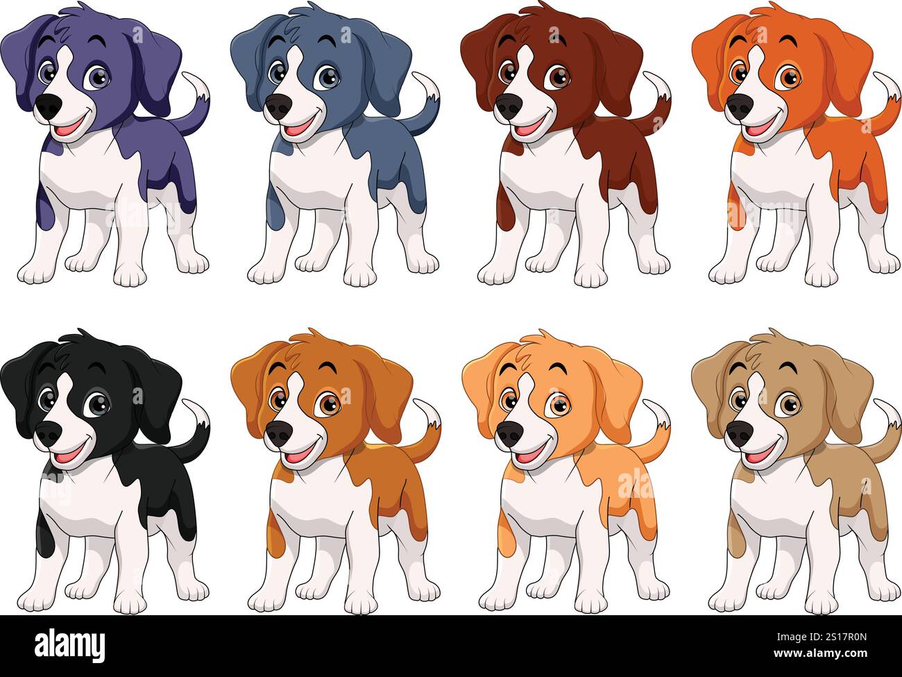 Cuccioli carini, cuccioli di cartoni animati, cani carini, illustrazione cuccioli, disegno di cani, animali da cartoni animati, cuccioli felici, cani colorati, vettori di cuccioli. Illustrazione Vettoriale