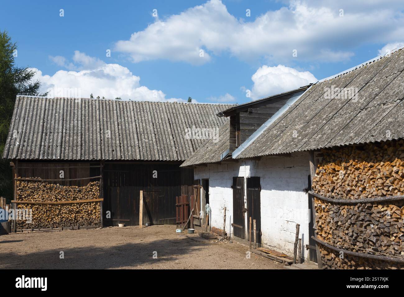 Fienile rurale con pile di legno e tetto piastrellato in una giornata di sole, cascina, Rygol, PNaska, Plaska, powiat augustowski, Voivodato di Podlaskie Foto Stock