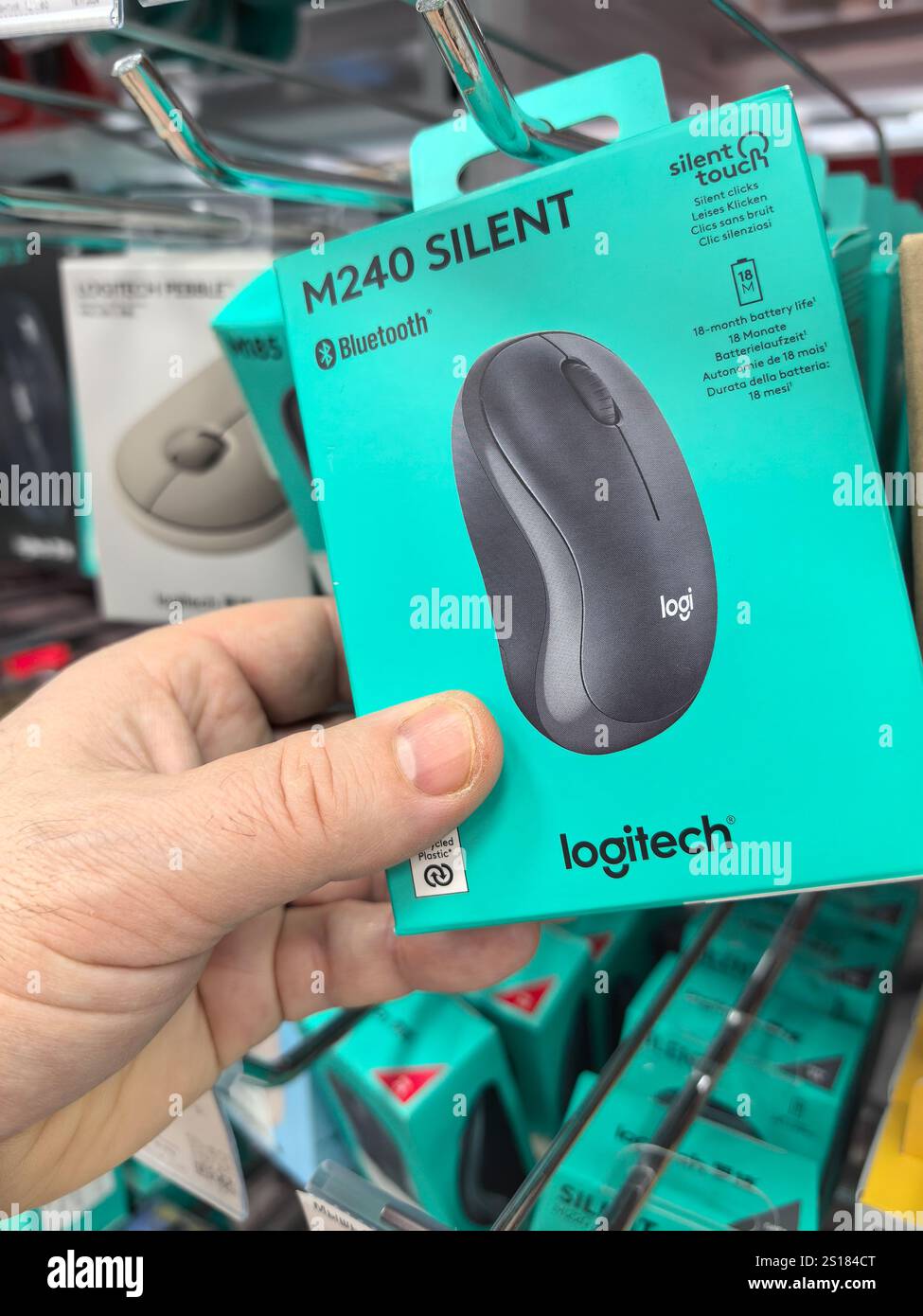 Bobruisk, Bielorussia - 29 dicembre 2024: Una mano cerca un moderno mouse wireless in una confezione vivace che mostra il suo design silenzioso. Il display fe Foto Stock