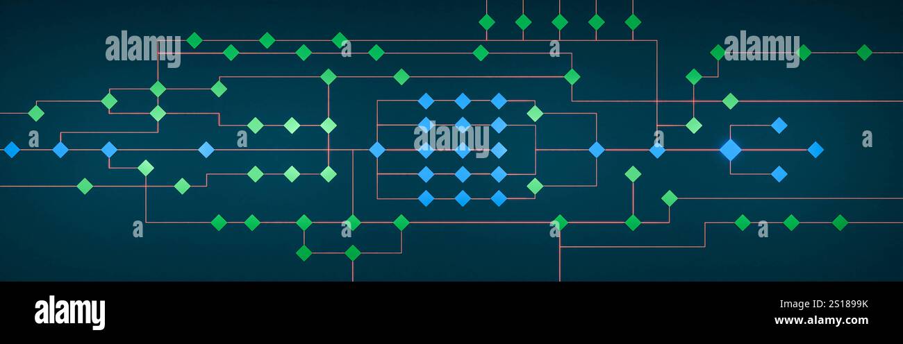 Albero dei nodi, concetto, decisione, connessione. Albero dei nodi, concetto, processo industriale, decisione, connessione. Simboli verdi e blu, fabbrica, Control desk, rete. img node tree007s06 concept Foto Stock