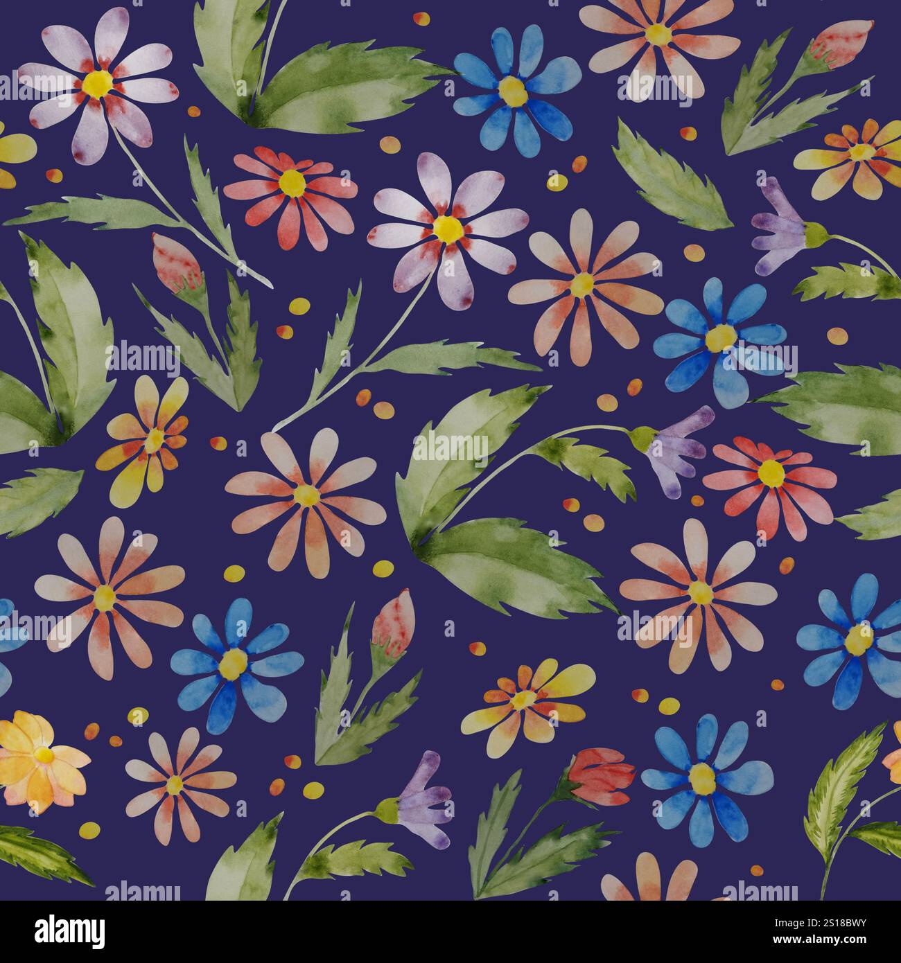 Un elegante motivo senza cuciture caratterizzato da fiori selvatici watercoloгr dipinti a mano e foglie verdi su sfondo blu navy scuro. Perfetto per il design in tessuto Foto Stock