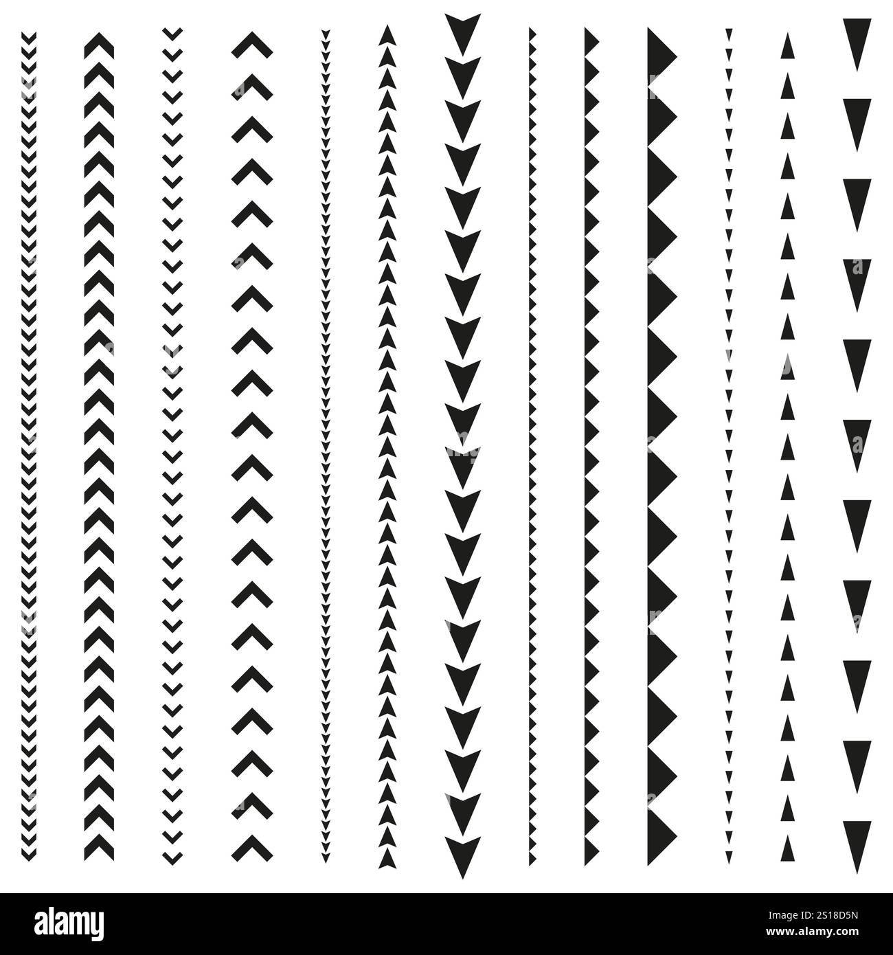 Design con ripetizione a freccia. Forme triangolari ripetitive. Disegno geometrico vettoriale. Simboli in bianco e nero. Illustrazione Vettoriale