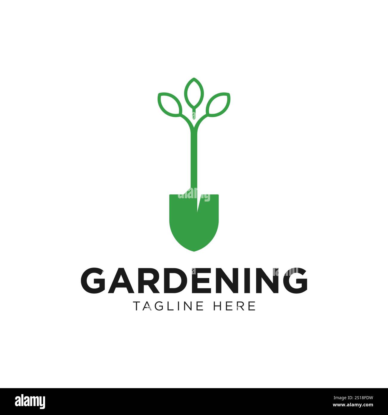 Logo di giardinaggio con icona pala e albero con logo foglie verdi modello. Illustrazione Vettoriale