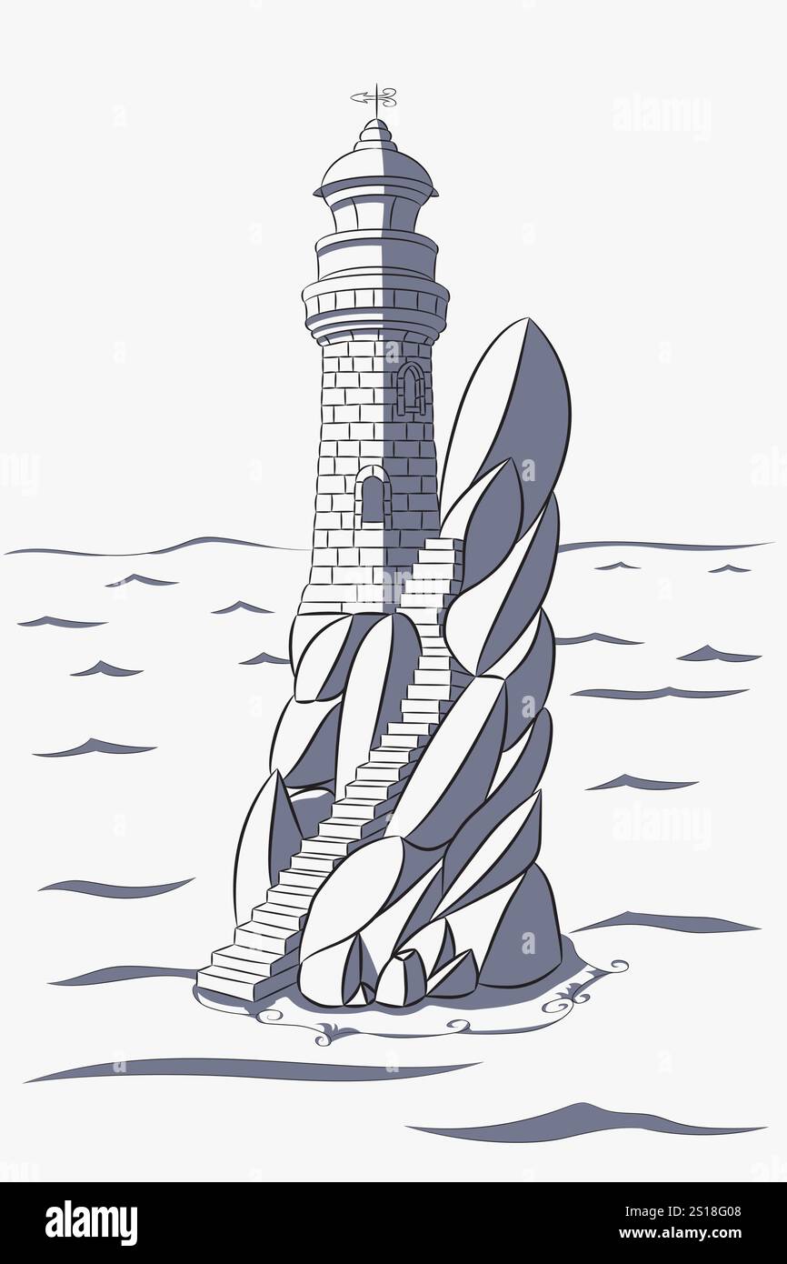Disegno vettoriale di un faro di pietra su un'alta scogliera nel mare. Illustrazione Vettoriale