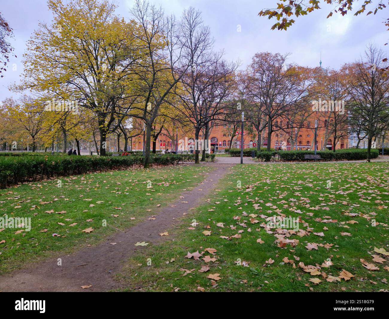 Lisbona, Portogallo - Giardino con foglie d'albero cadute sull'erba e cielo grigio in inverno. Edificio quadrato campo Pequeno sullo sfondo - Immagine stock catturata con smartphone