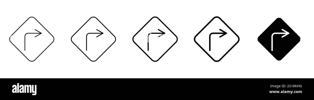 Imposta 5 icone freccia di svolta a destra 1 vettore non espanso 1 silhouette, Una serie di icone freccia di linea con frecce circolari e direzionali in un sottile e modificabile Illustrazione Vettoriale