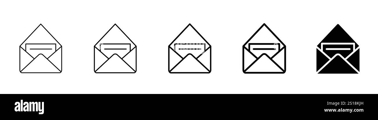 Imposta 5 icone busta 1 vettore non espanso 1 silhouette, Apri set di icone posta, inclusi glifi di linea e versioni di contorno di riempimento stili colorati lettera messaggio Illustrazione Vettoriale