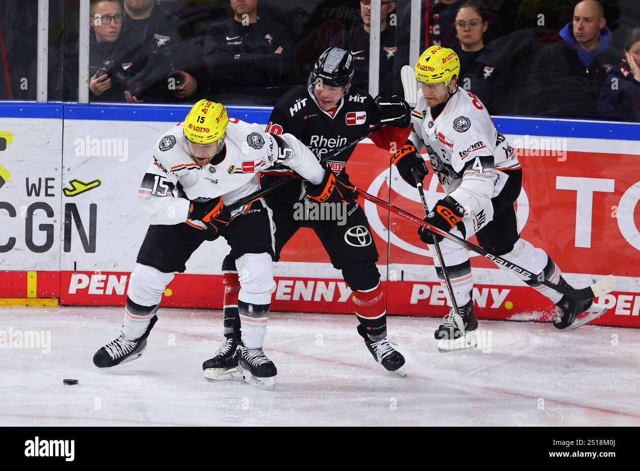 Justin Schuetz (Koeln) im Zweikampf mit Carter Proft (Francoforte) Koelner Haie vs Loewen Frankfurt, Eishockey, DEL, 30.12.2024 foto: René Weiss/Eibner Foto Stock