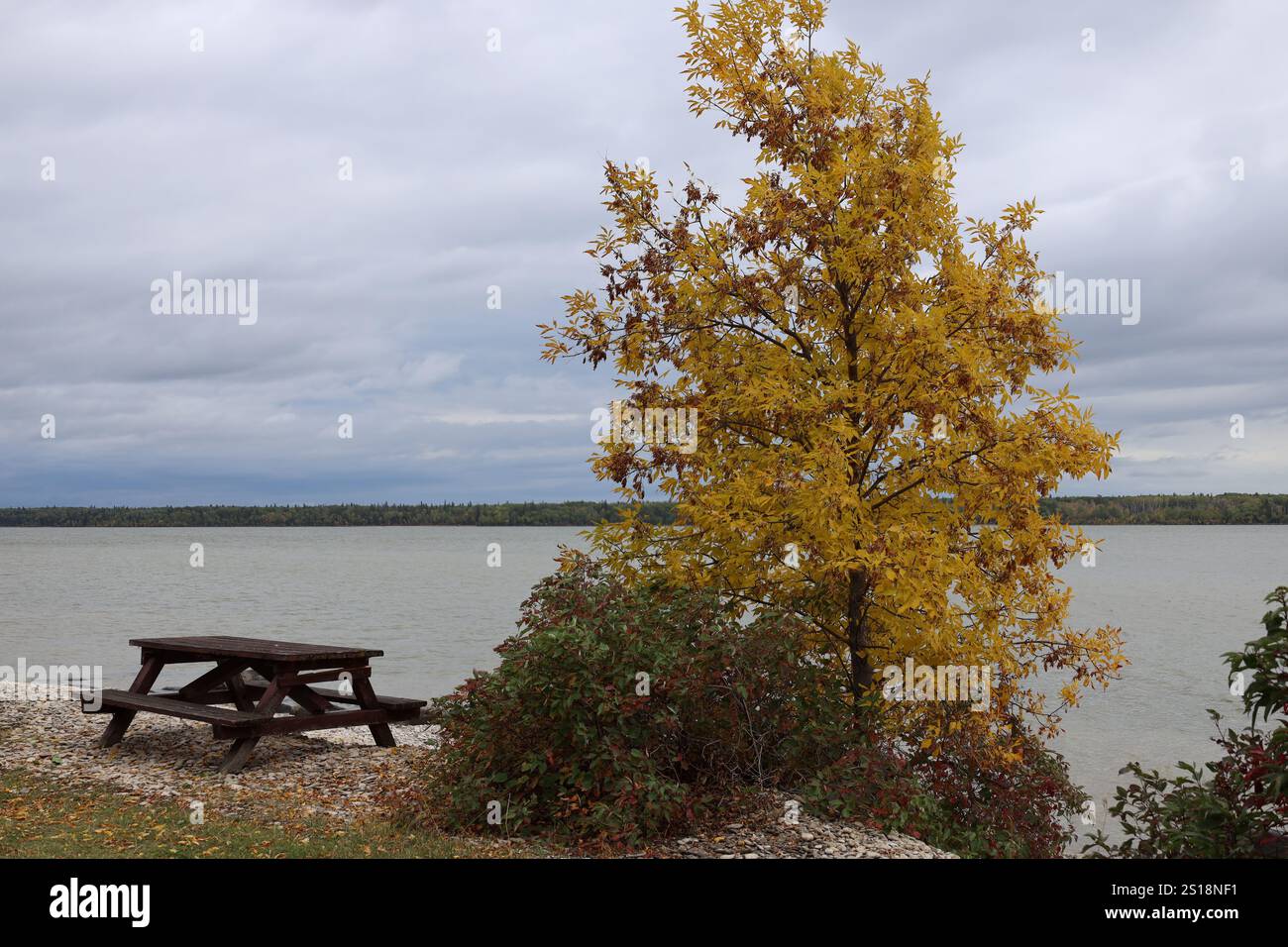 tavolo da picnic e foglie autunnali sulla riva di un lago roccioso Foto Stock