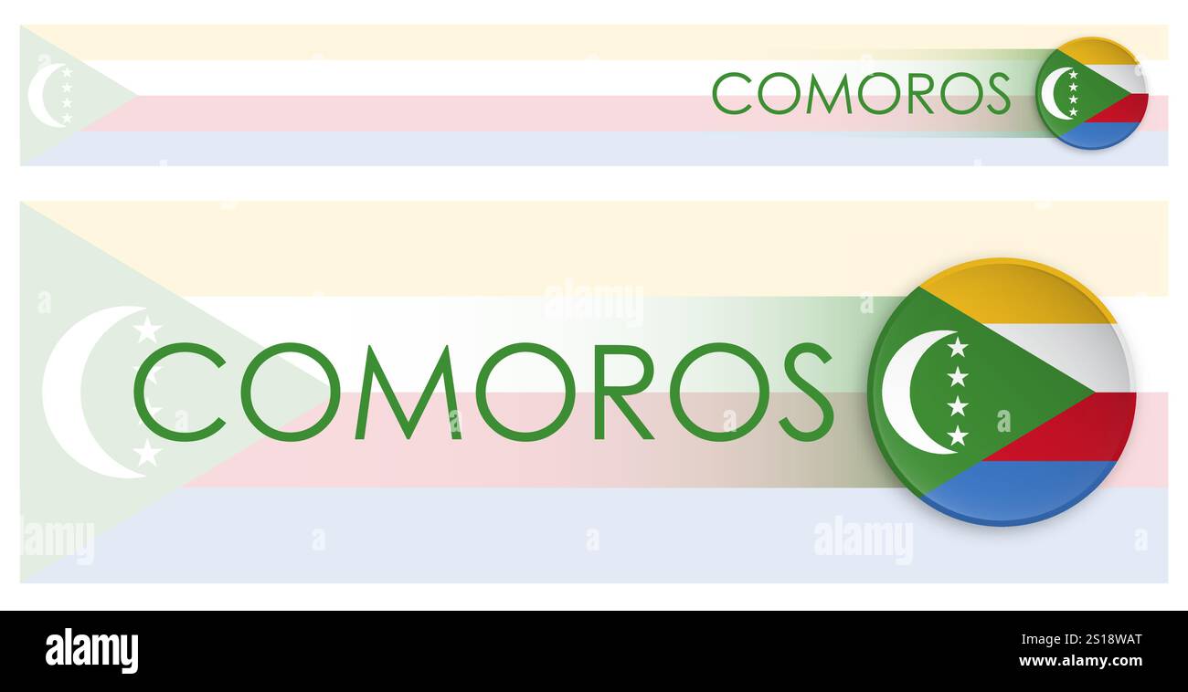 Le isole Comore bandierano banner Web orizzontali in stile neomorfismo moderno. Pulsante di intestazione della pagina Web delle Comore per l'applicazione mobile o il sito Internet. Illustrazione Vettoriale